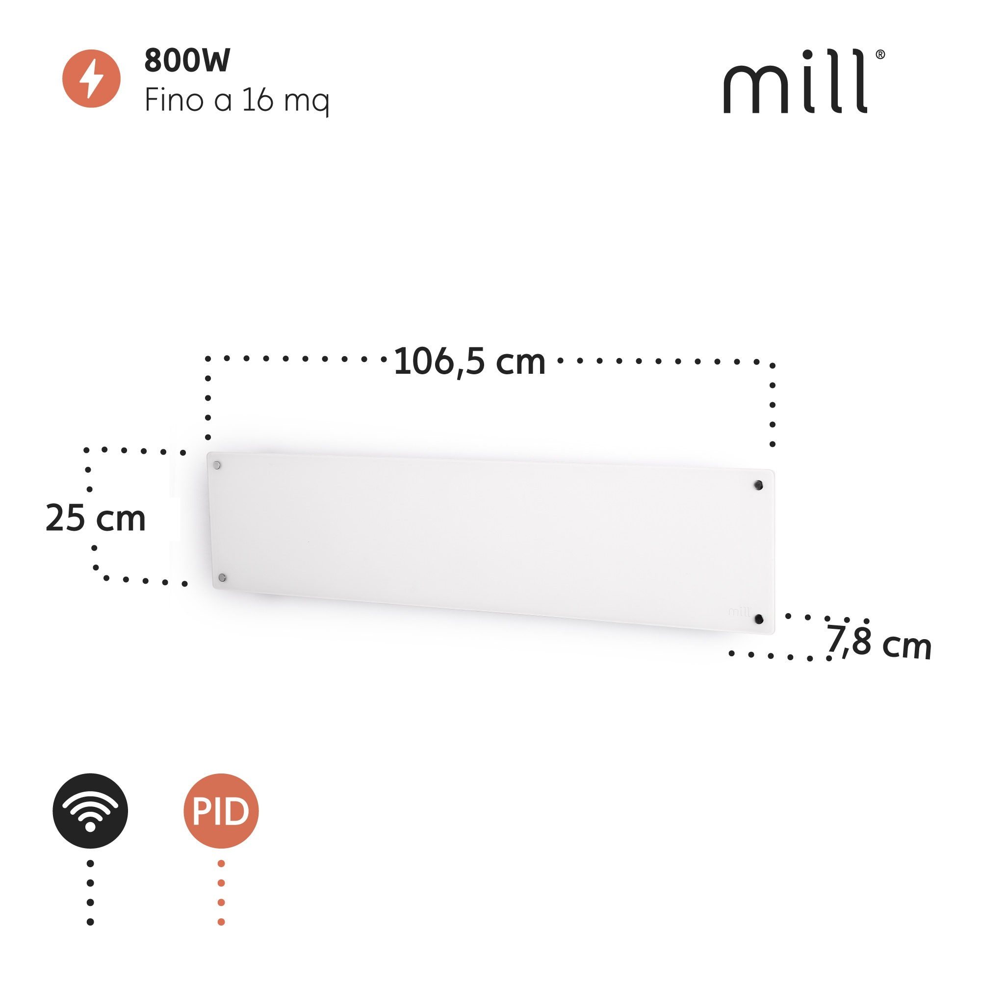 Un calentador eléctrico Mill blanco con dimensiones e icono negro y rojo.