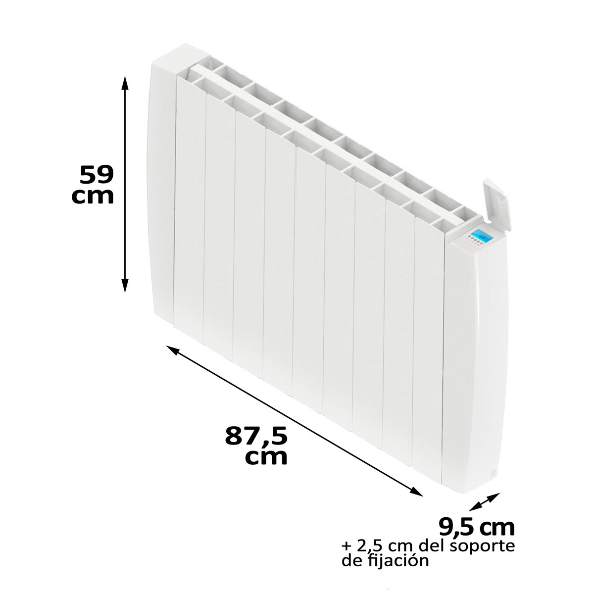 Radiador blanco con dimensiones: 59 cm altura, 87,5 cm ancho, 9,5 cm profundidad.