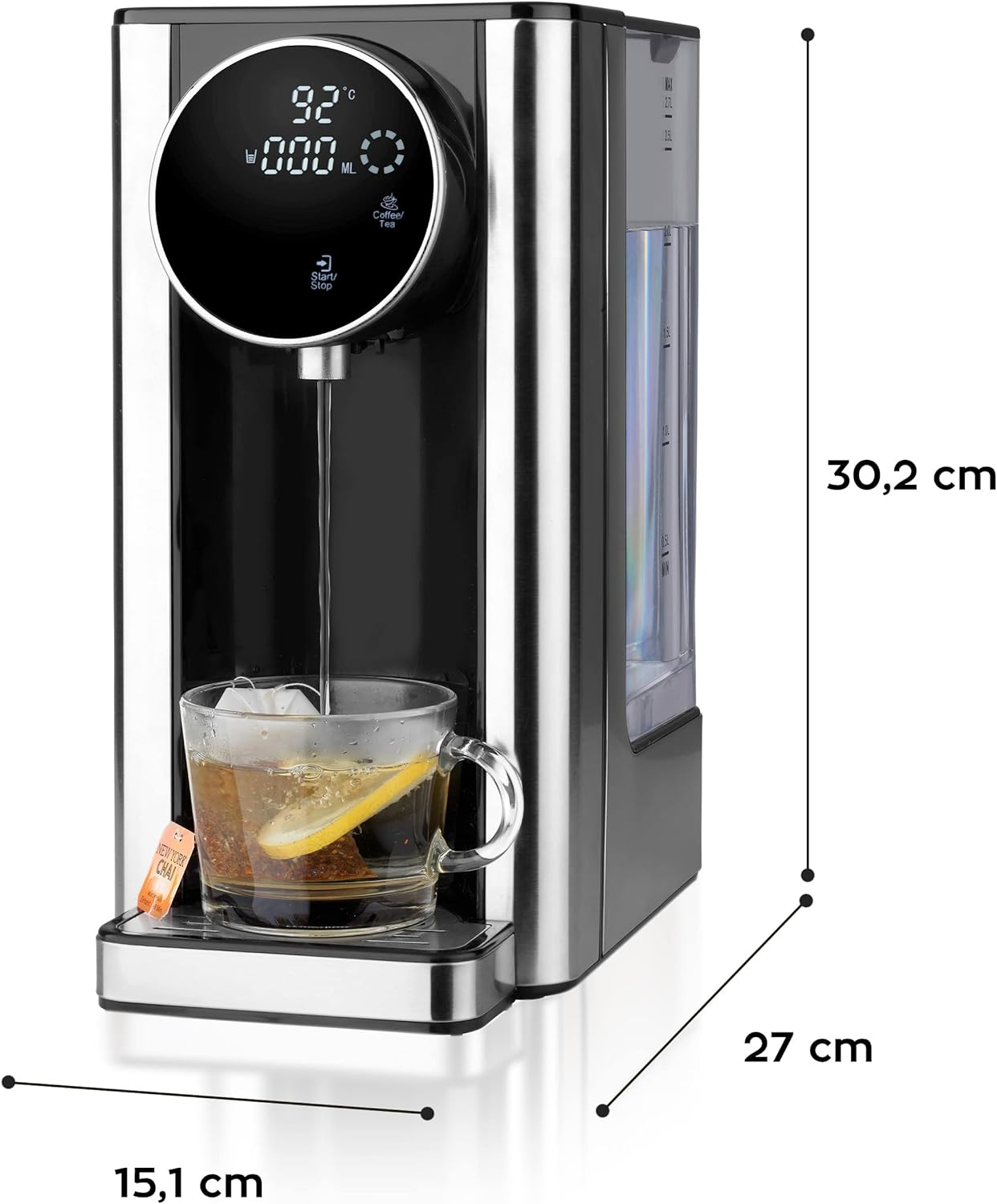 Schwarzer und silberner Heißwasserspender mit einer Tasse Tee, mit angegebenen Abmessungen.
