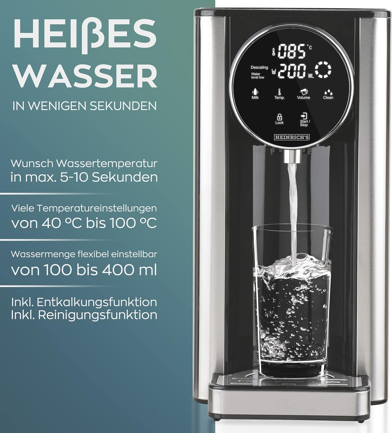 Ein Wasserspender mit Digitalanzeige, der Wasser in ein Glas abgibt.