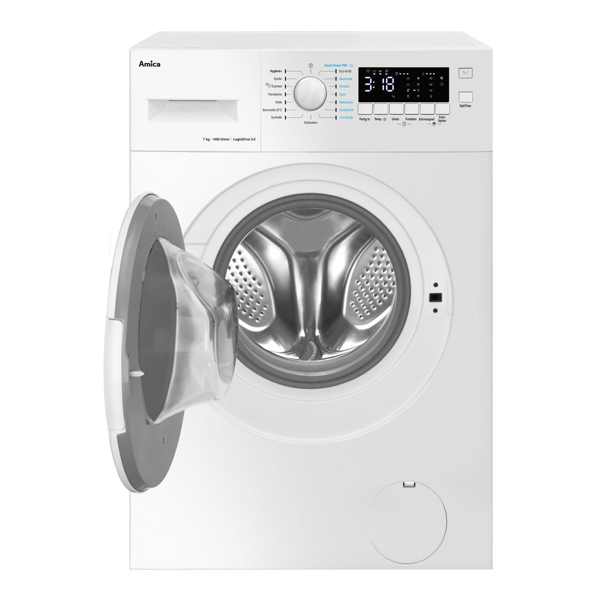 Biała pralka z otwartymi drzwiami, pokazująca bęben.