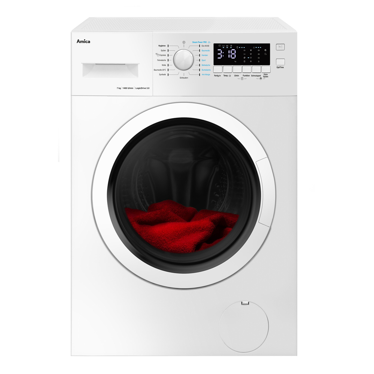 Biała pralka z czerwonym ręcznikiem w środku. Panel sterowania na górze. Marka Amica po lewej.