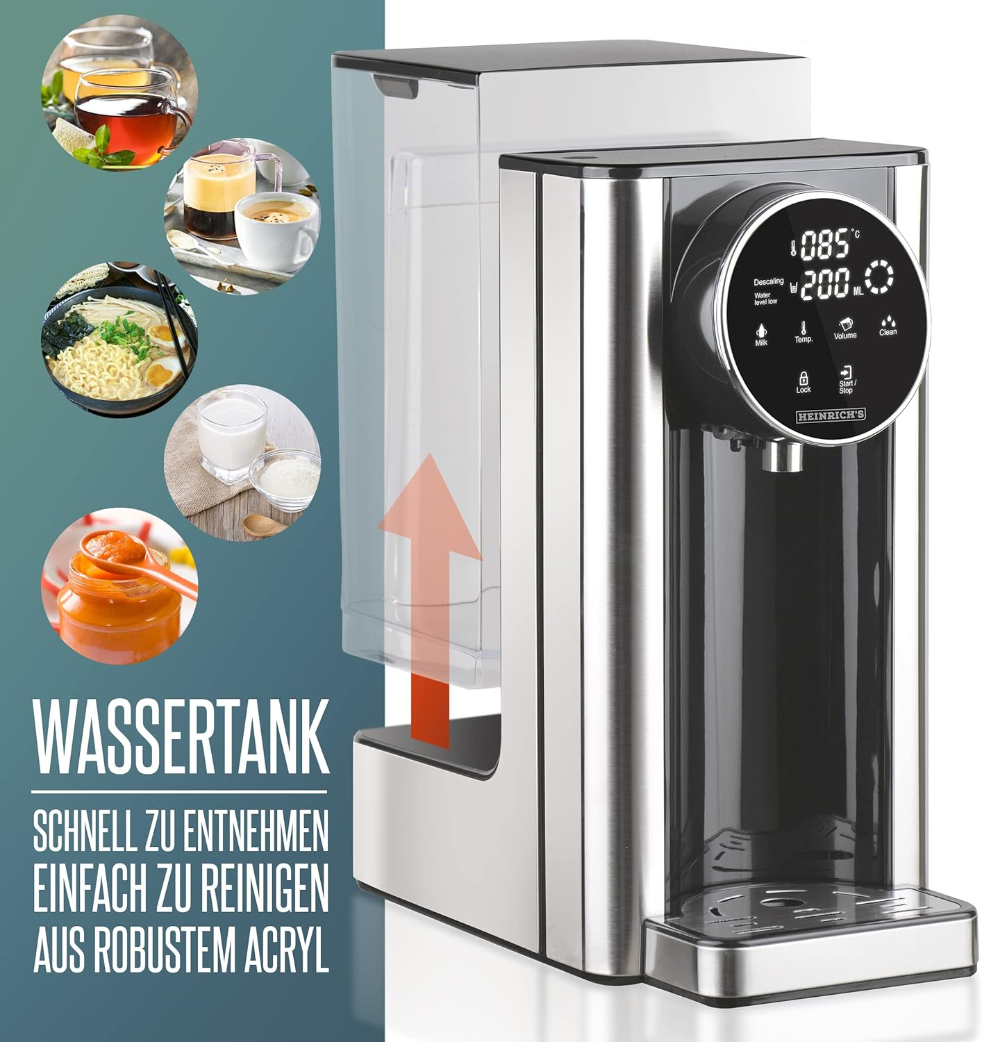 Wasserkocher mit verschiedenen Speisen und Getränken daneben. Text: Wassertank, leicht zu reinigen.