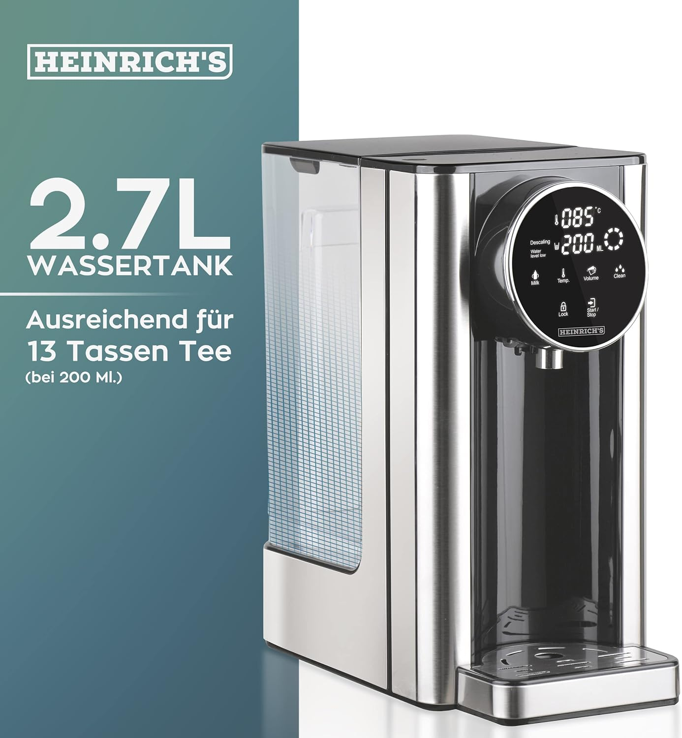Ein Edelstahl-Wasserkocher mit digitaler Anzeige und Text, der 2,7 l Fassungsvermögen und 13 Tassen Portionen angibt.
