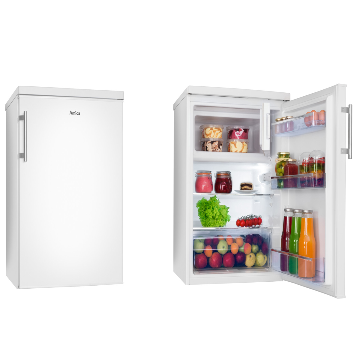 Weißer Amica Kühlschrank mit geöffneter Tür, zeigt Lebensmittel.