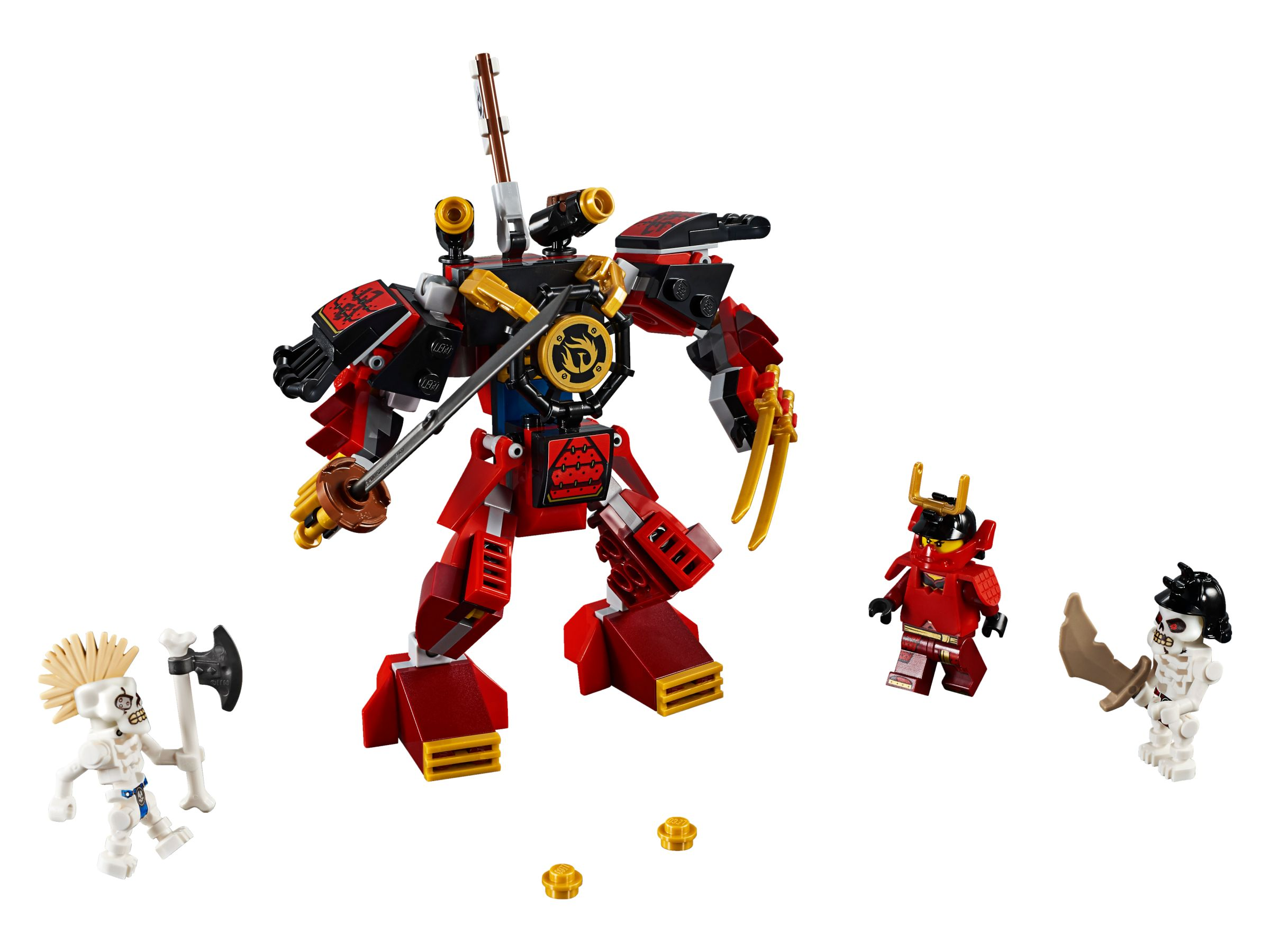 Een Lego Ninjago set met een rode mech, twee minifiguren en een skeletfiguur op wit.