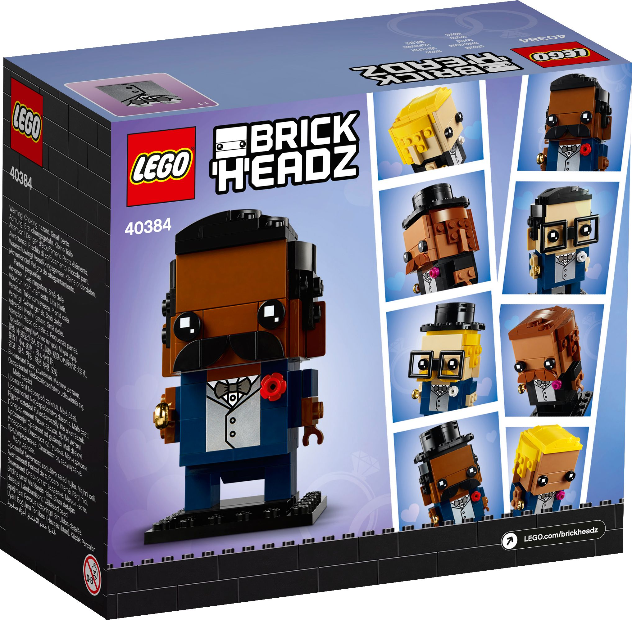 LEGO BrickHeadz Box mit einer Figur eines Mannes im Anzug und mehreren anderen Figuren.