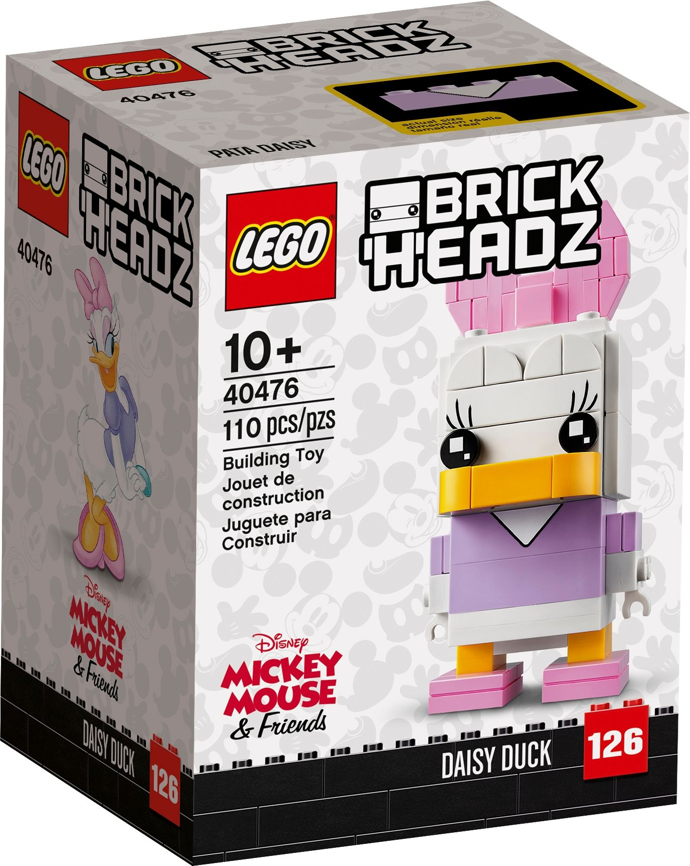 Eine Lego Brickheadz Box mit einer Daisy Duck Figur. Die Figur hat eine rosa Schleife und ein lila Outfit.