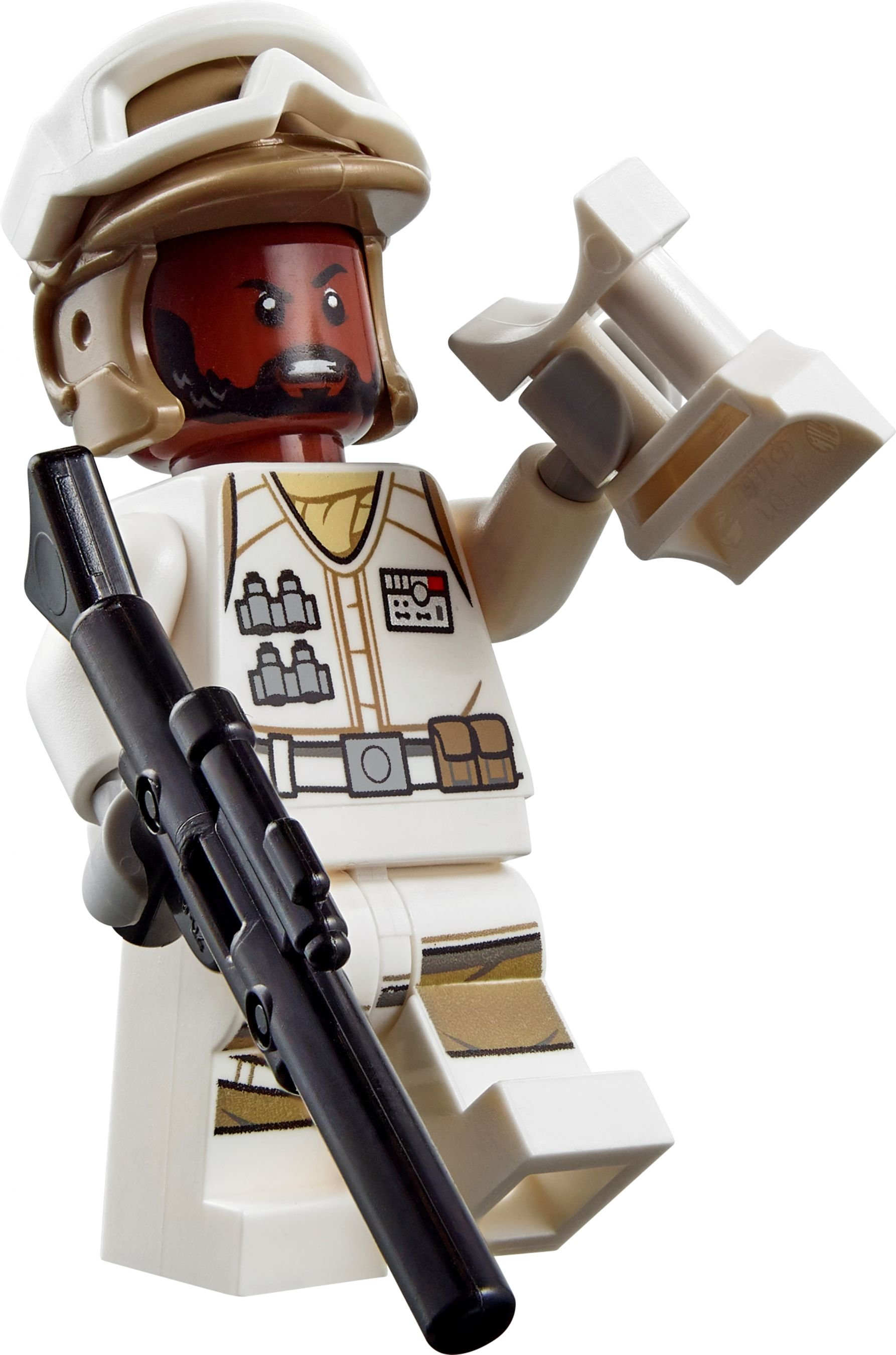Lego Star Wars figure. A black man in a white uniform, holding a black rifle and a white tool.