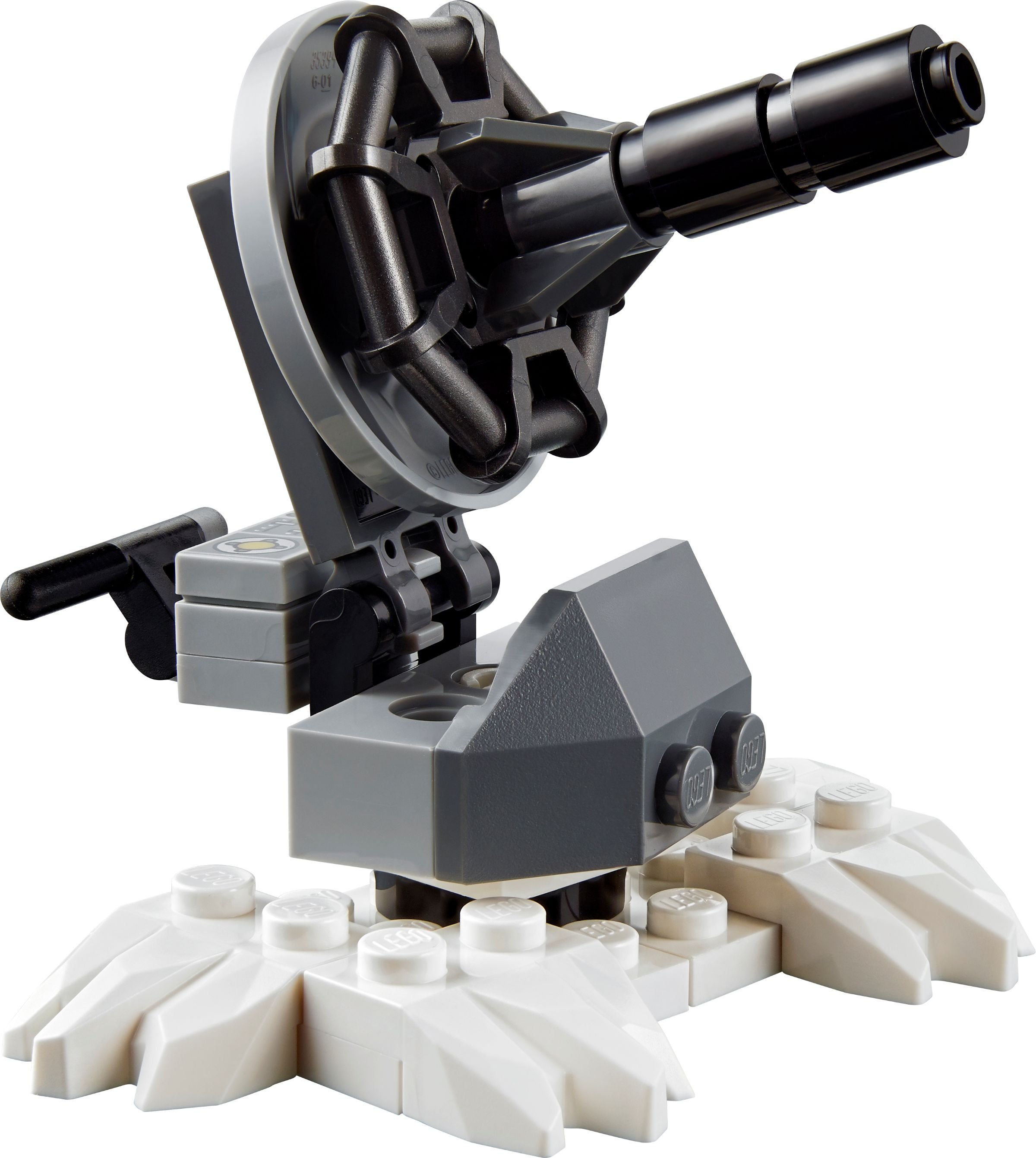 A Lego model of a small cannon on a white base, constructed from grey and black bricks.