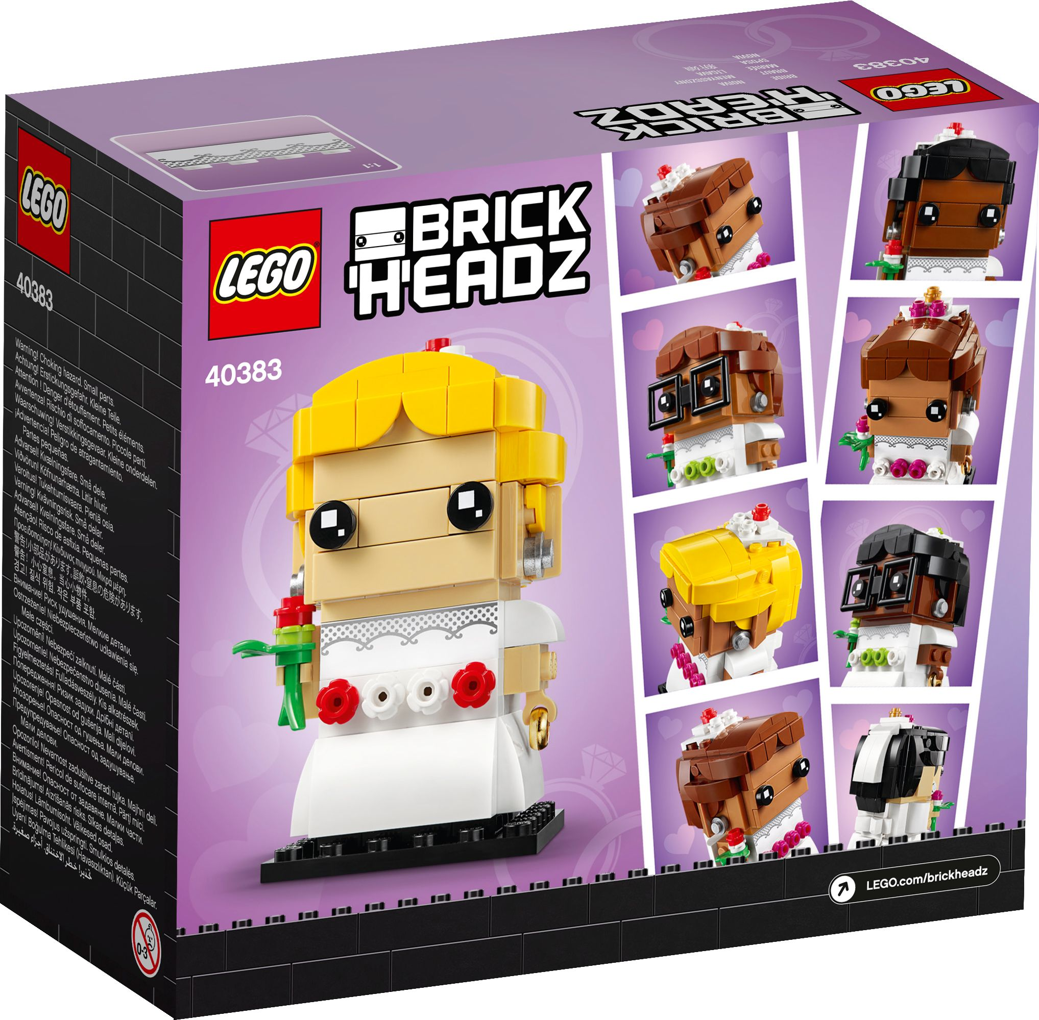 Lego Brickheadz Box mit einer Lego-Braut. Mehrere Lego-Brautfiguren sind auf der Rückseite der Box gezeigt.