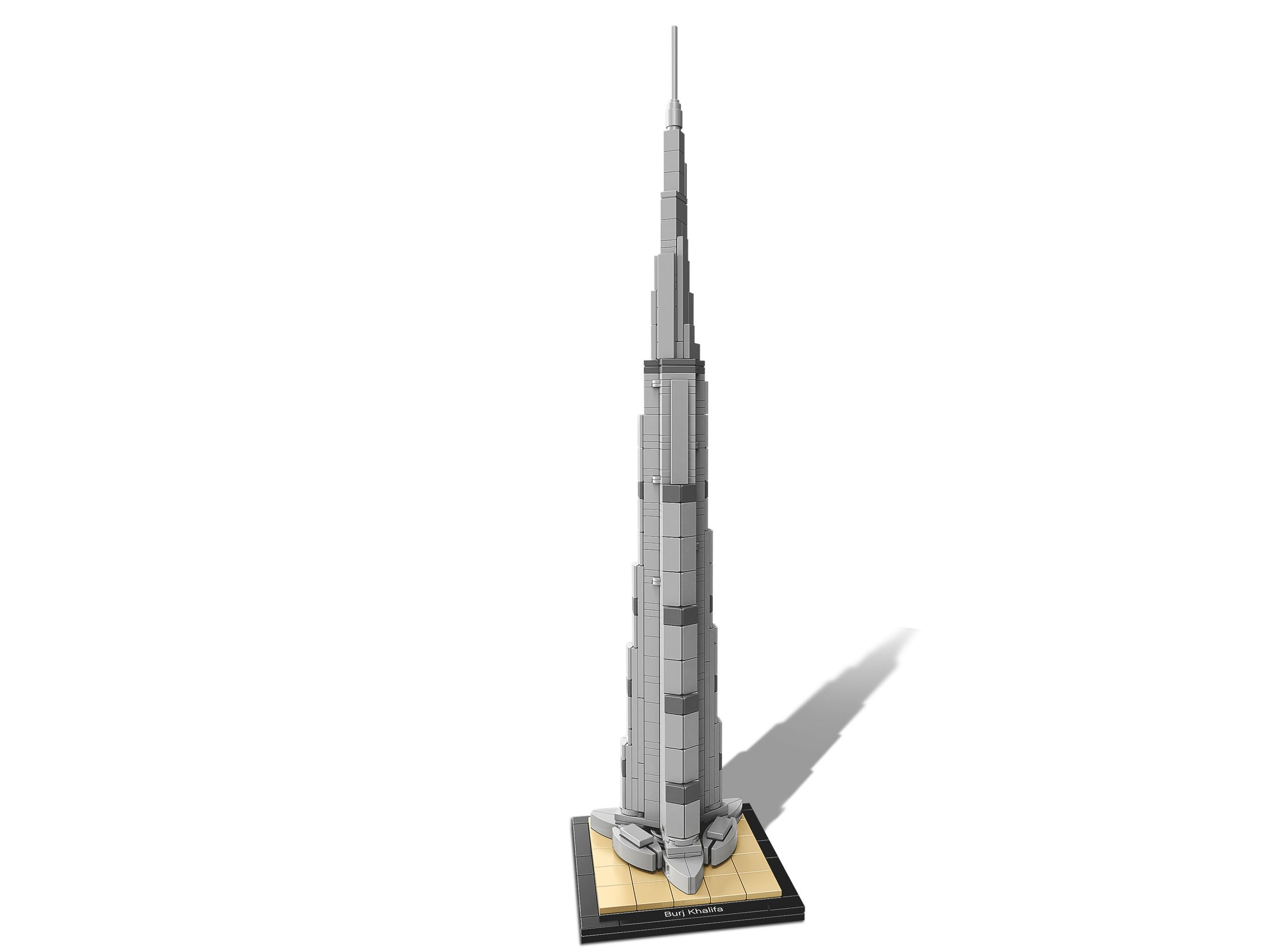 A Lego Burj Khalifa model on a white background.