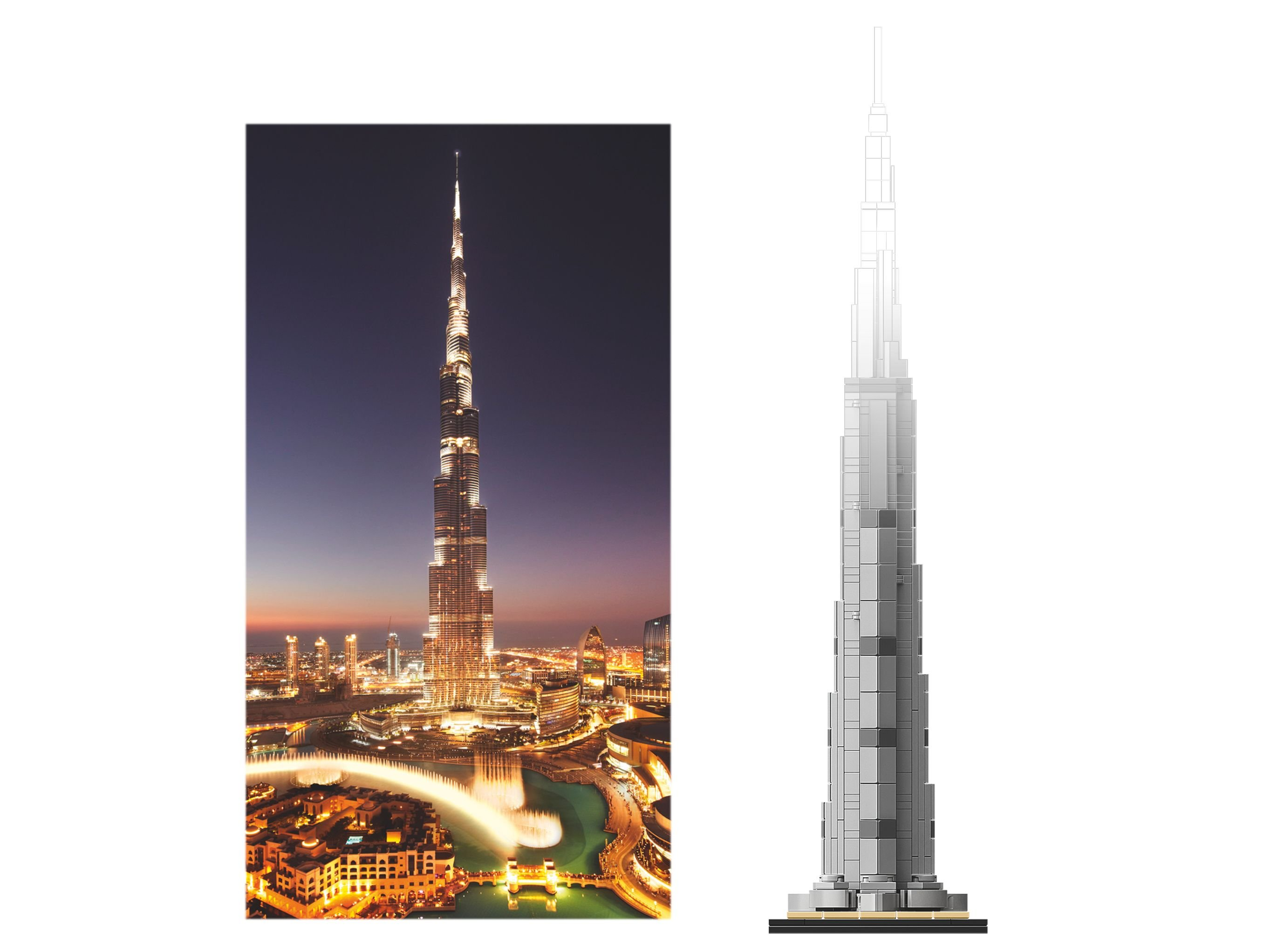 Burj Khalifa at night and its outline model.