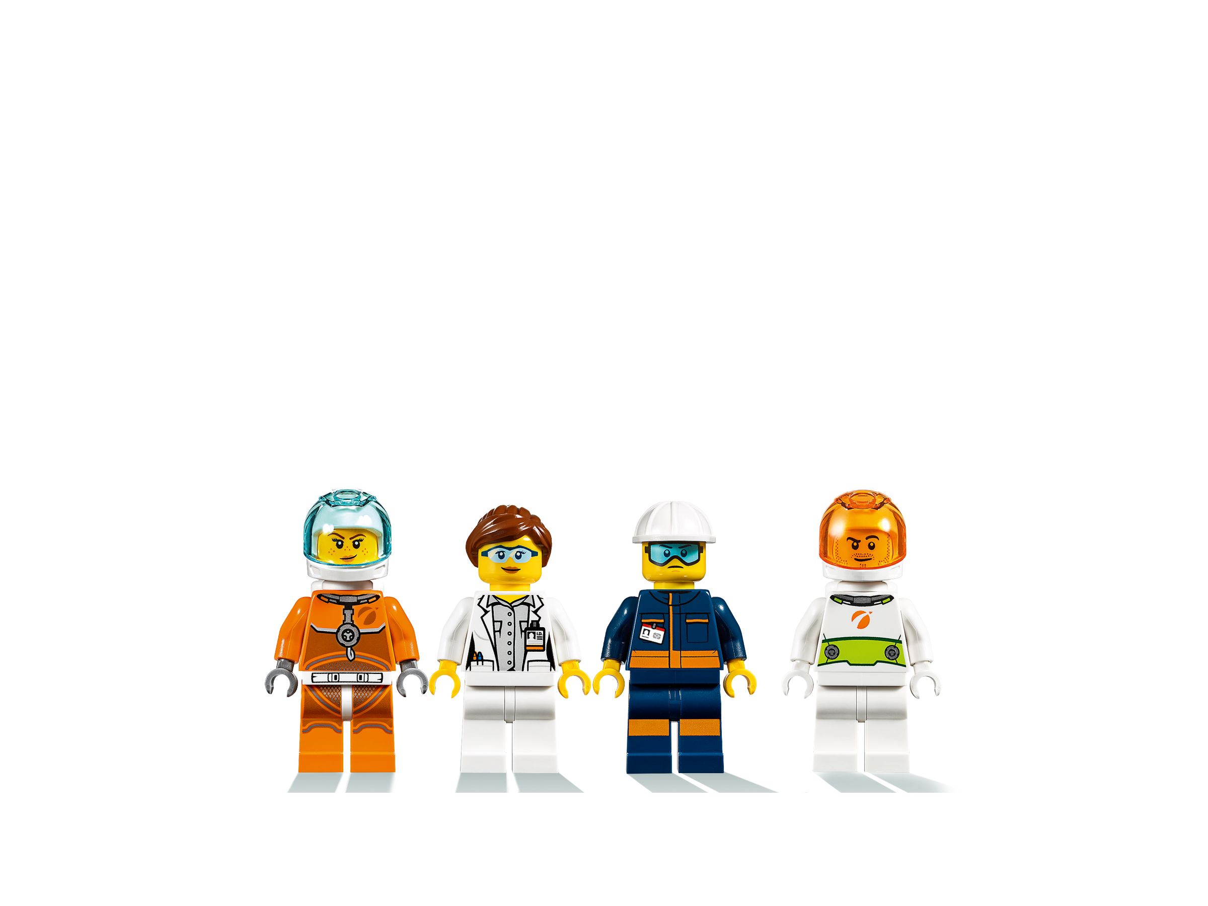 Quattro personaggi Lego in uniformi arancioni, bianche e blu, che rappresentano ruoli diversi.