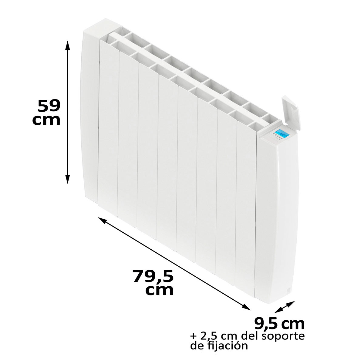 Radiador blanco con dimensiones en cm. El radiador es blanco, con dimensiones de 59 cm de altura y 79,5 cm de ancho.