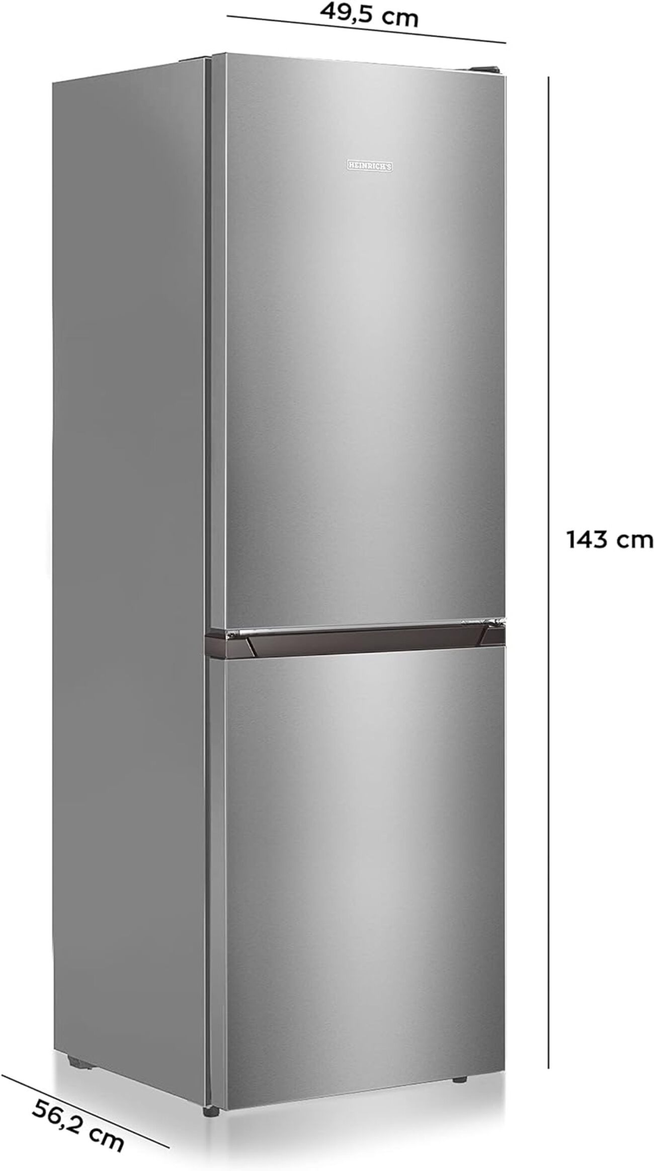 Ein hoher, silberner Kühlschrank mit auf der Vorderseite beschrifteten Abmessungen: 49,5 cm, 143 cm und 56,2 cm.