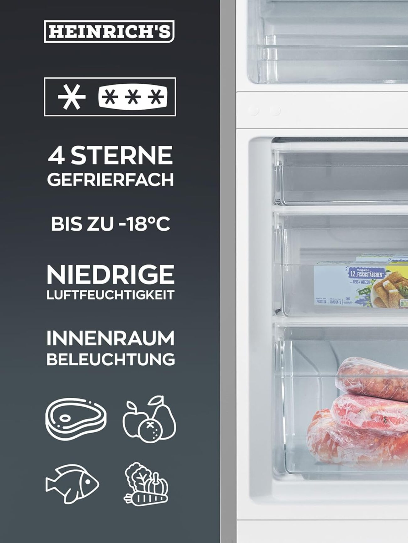 Kühlschrank-Innenraum mit Regalen und Schubladen. Text links mit Lebensmittelsymbolen.