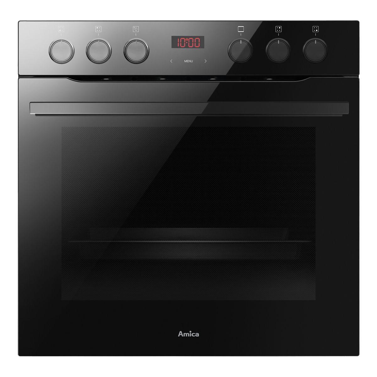 Schwarzer Backofen mit Digitalanzeige 10:00 und der Marke Amica.