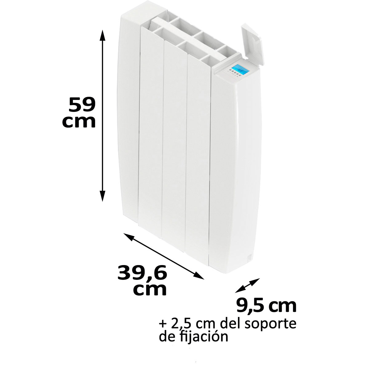 Radiador eléctrico blanco con dimensiones. 59 cm alto, 39.6 cm ancho, 9.5 cm profundidad.