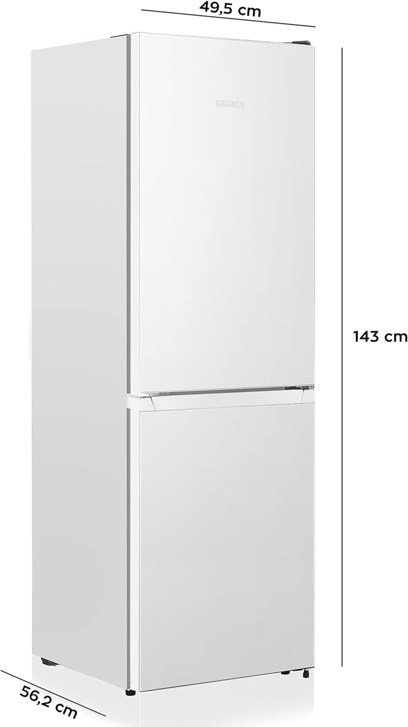 Weißer Kühlschrank mit Gefrierfach unten, Maße: 49,5 cm Breite, 56,2 cm Tiefe, 143 cm Höhe.