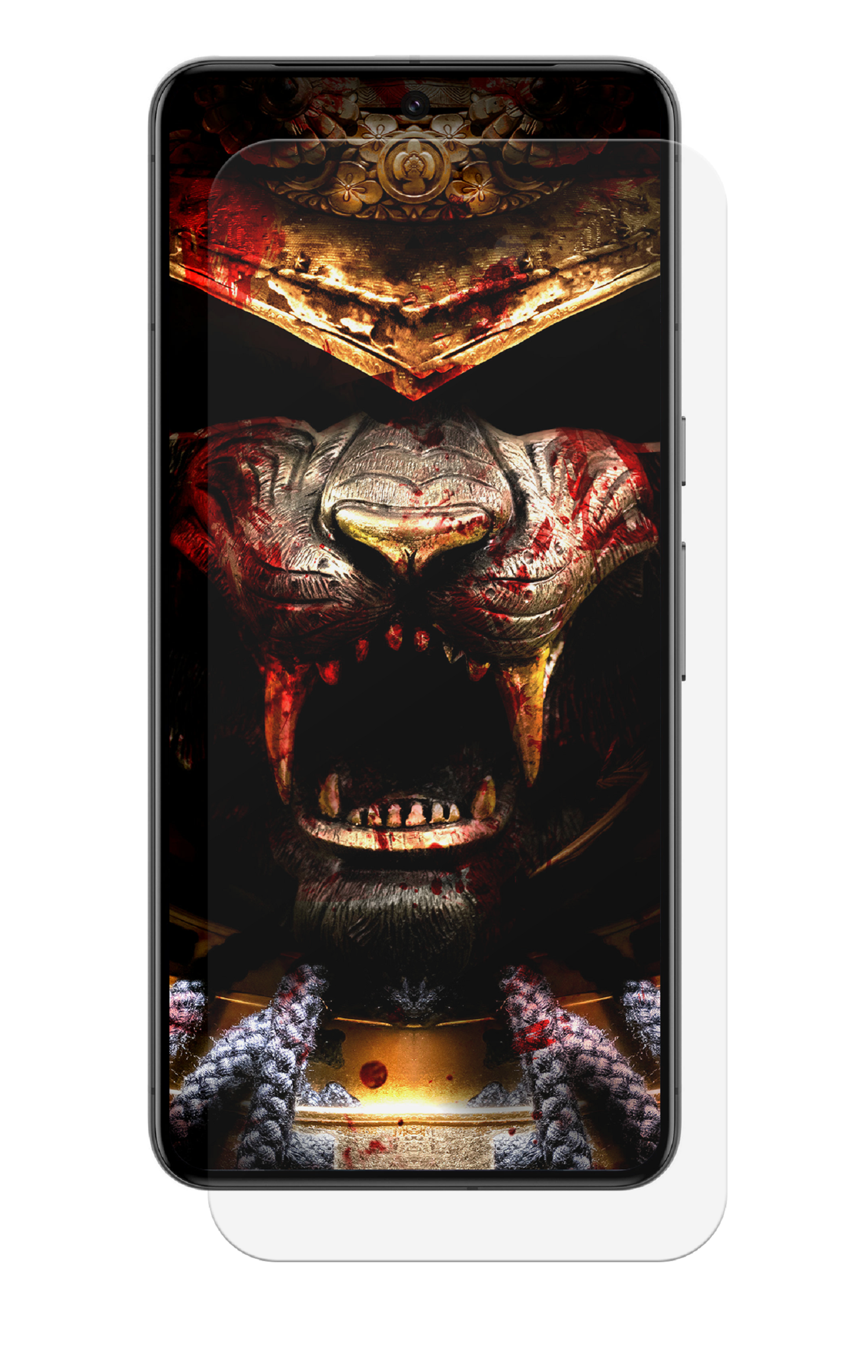 Nahaufnahme einer Samurai-Maske auf einem Telefonbildschirm. Blutige Details, goldene Rüstung, schwarzer Hintergrund, Schutzfolie.