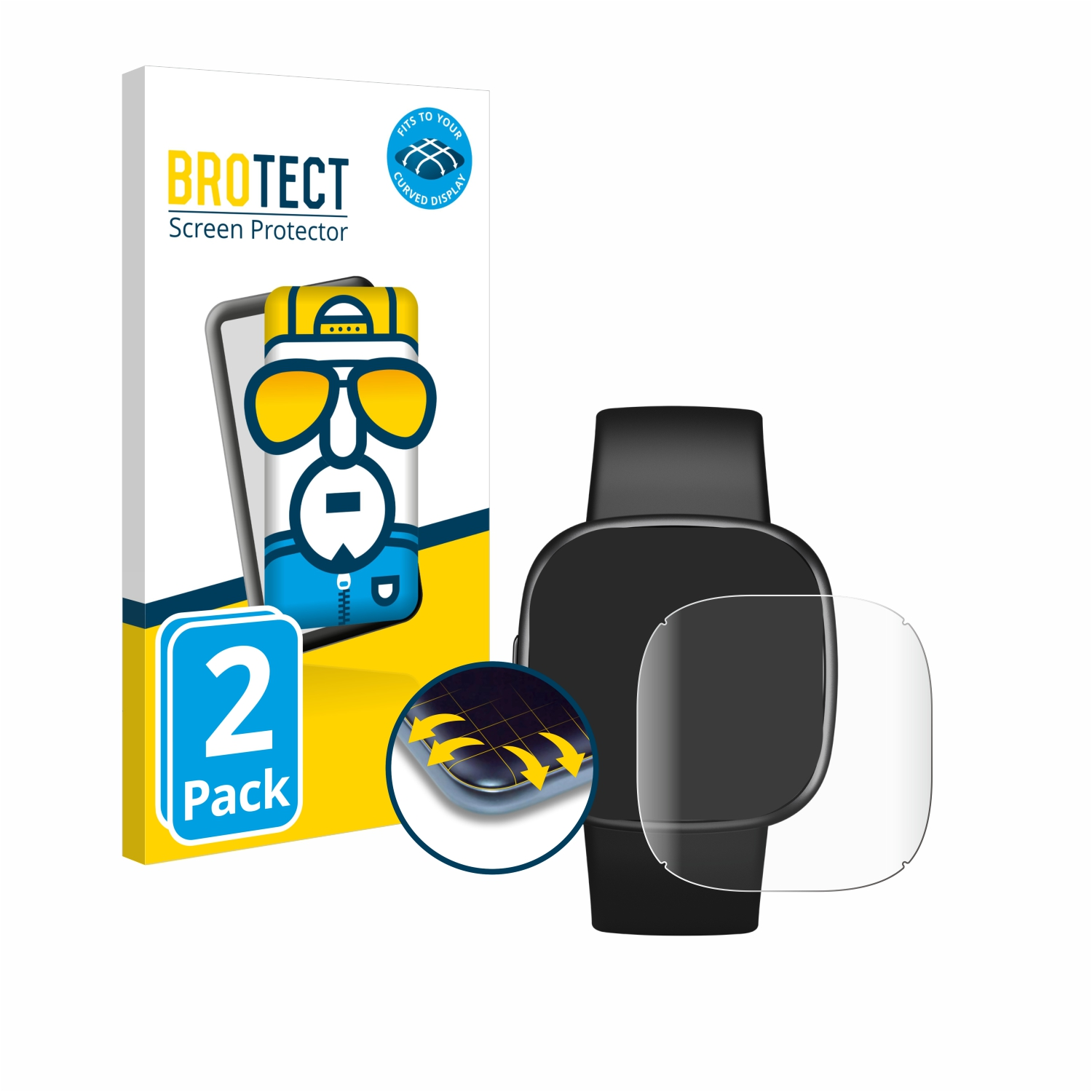 Eine Smartwatch und eine Displayschutzfolienbox. Der Displayschutz ist klar und bedeckt die Uhr.