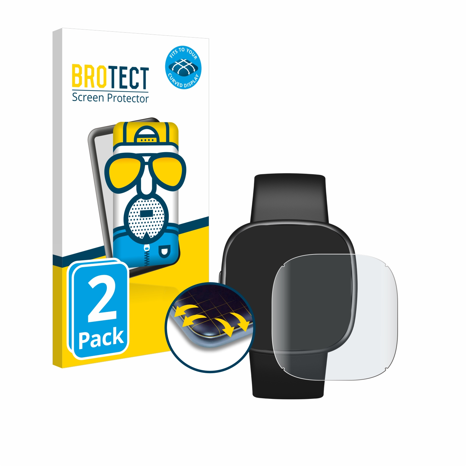 Schwarze Smartwatch und Displayschutzbox. Schutz über dem Zifferblatt. Weiße Box mit "BROTECT".