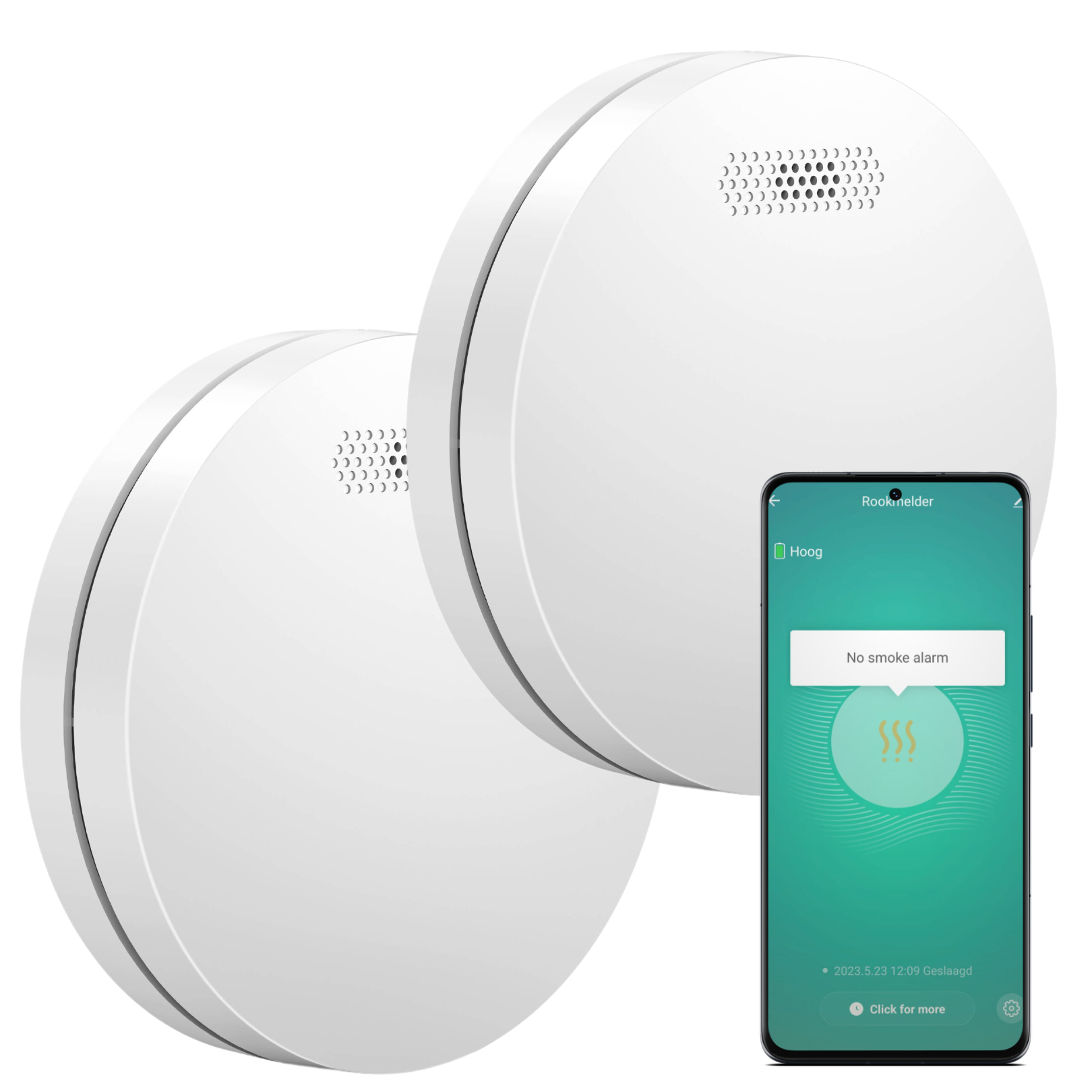 Deux détecteurs de fumée blancs et un téléphone affichant une notification d'alarme incendie. Fond blanc.