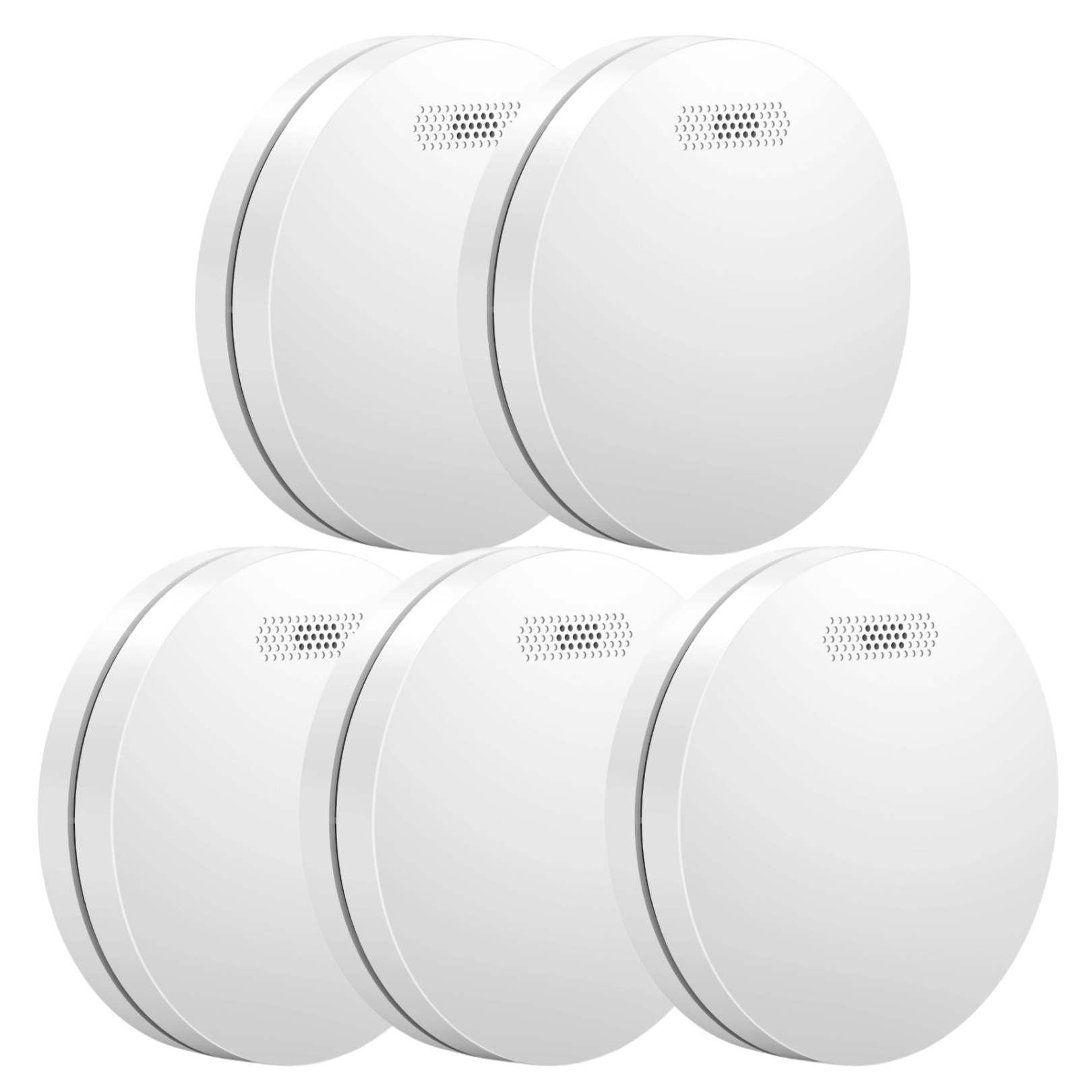 Cinq détecteurs de fumée blancs. Ils sont ronds avec un motif circulaire sur le devant.