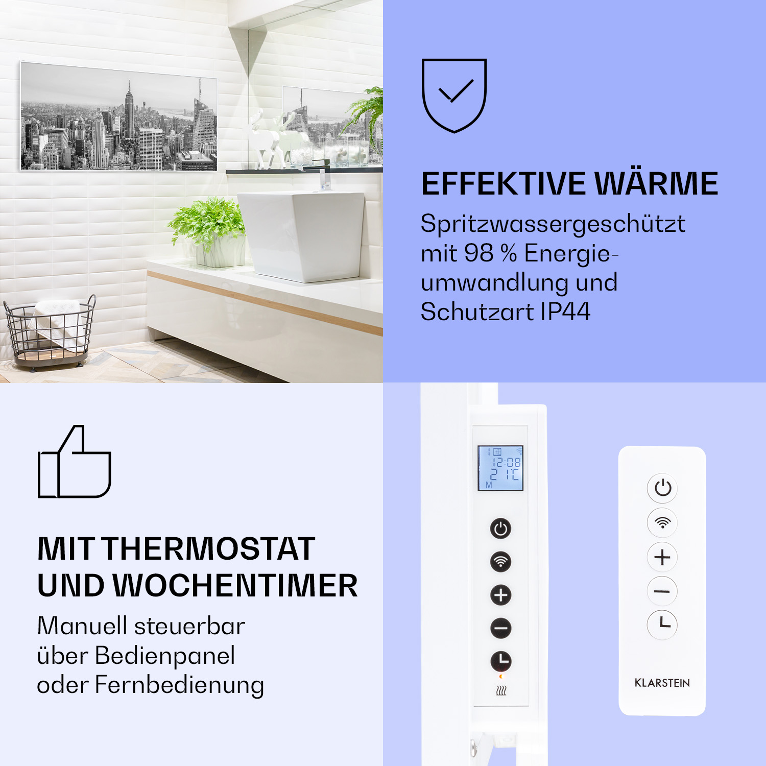 Scena bagno moderna con testo su riscaldamento efficace, termometro e funzioni telecomando.