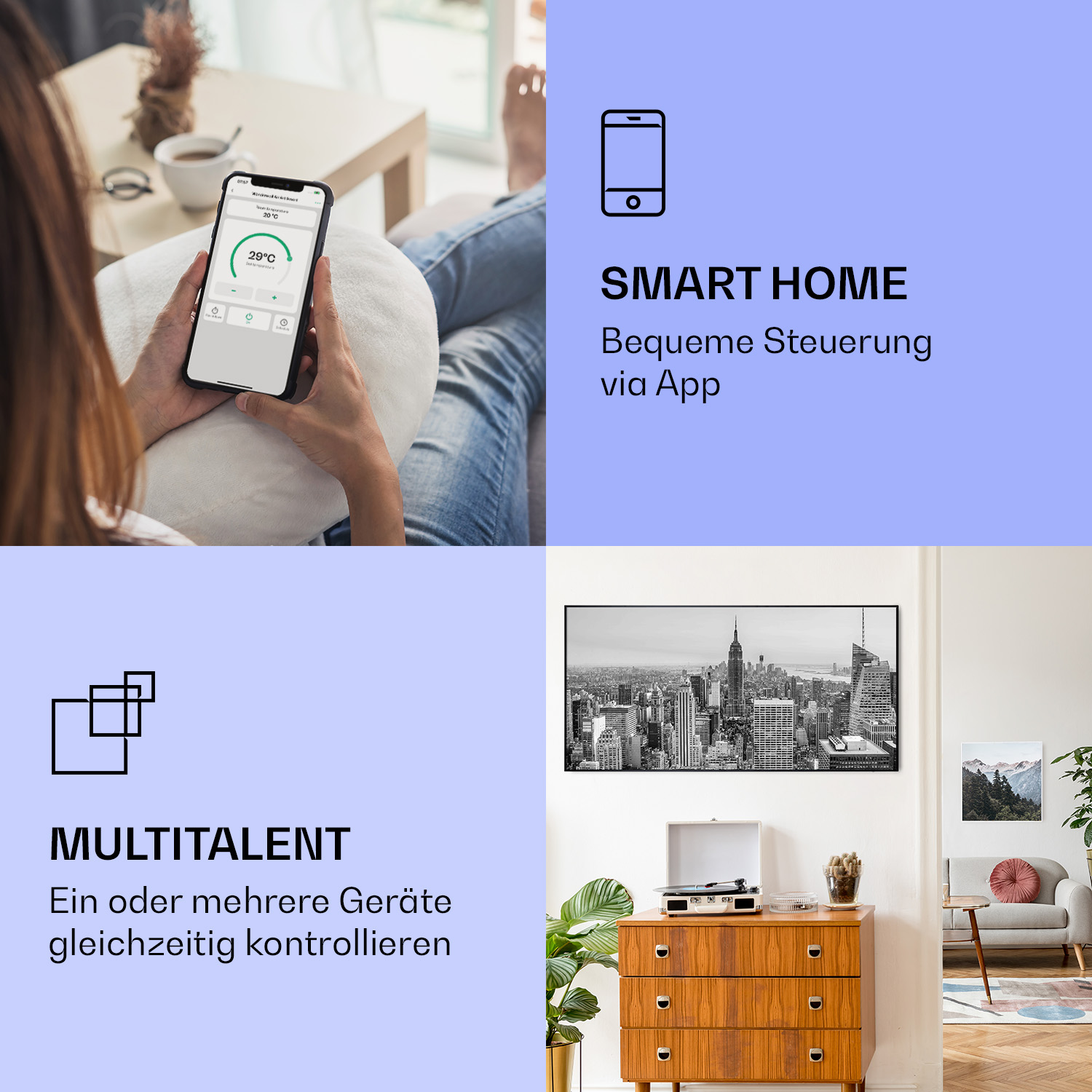 Smart Home-Setup gezeigt. Enthält eine Person, die ein Telefon benutzt, eine Stadtansicht und einen Holzschrank.
