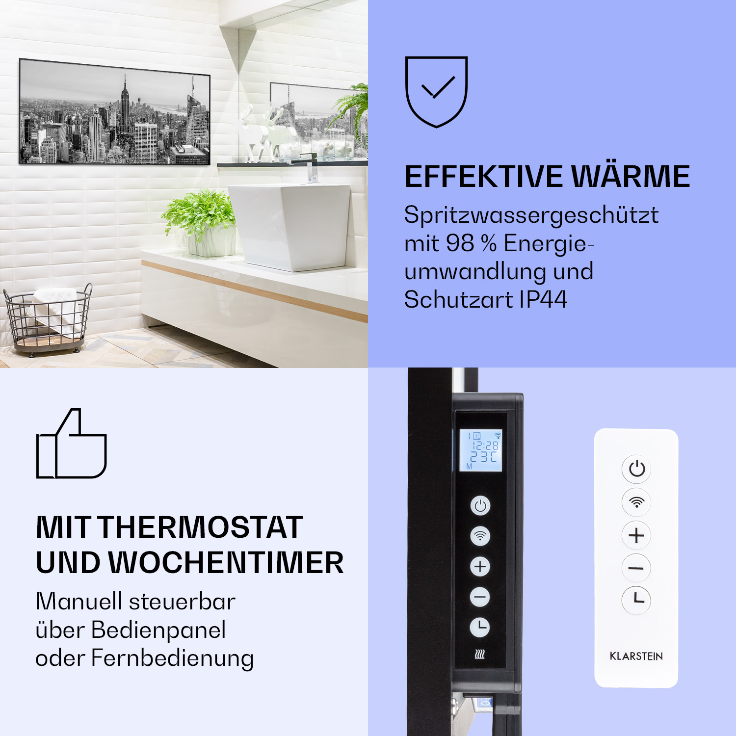 Eine Badezimmerszene mit Heizung, Spiegel und Fernbedienung.