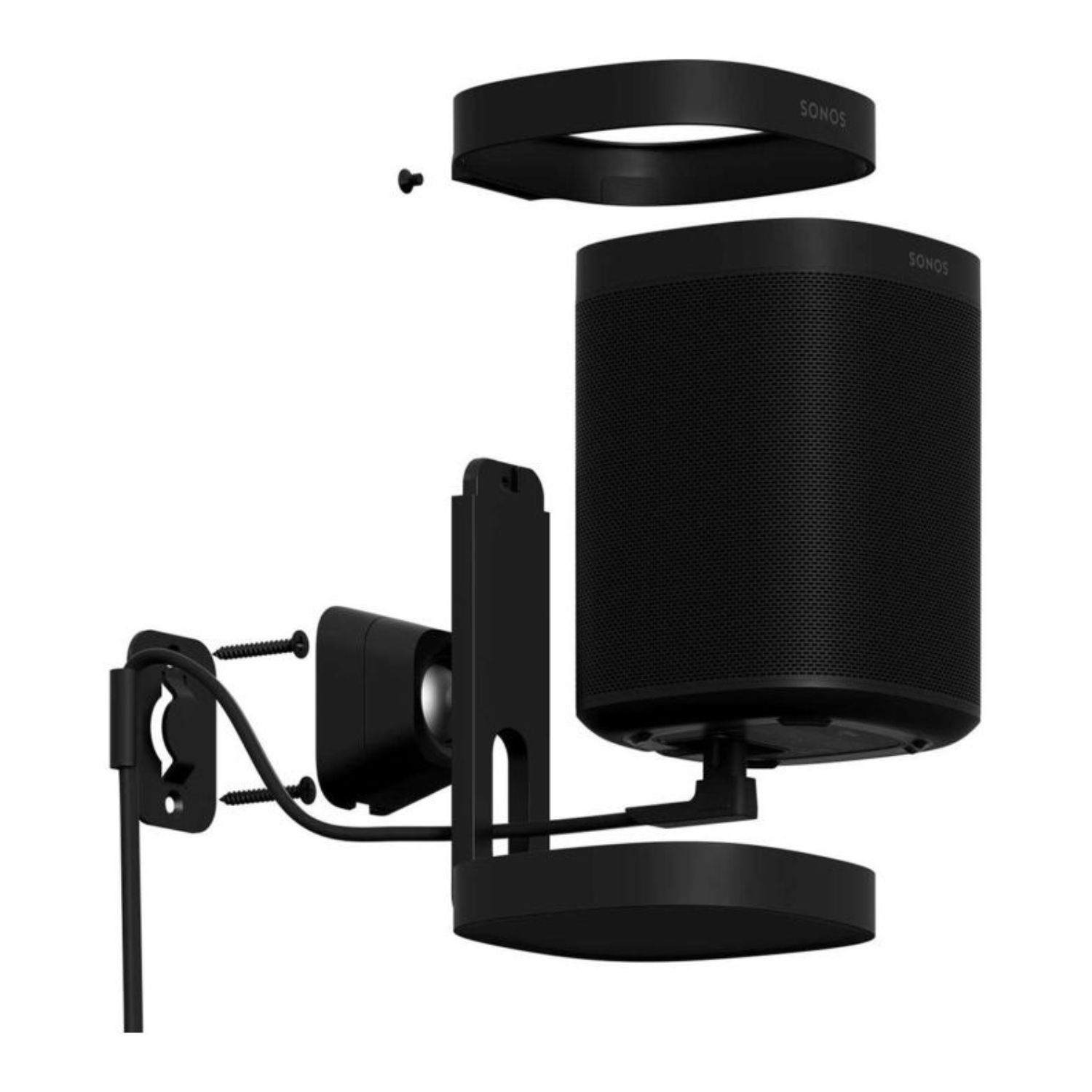 Altavoz Sonos negro y componentes de montaje en pared, vista explosionada sobre fondo blanco.