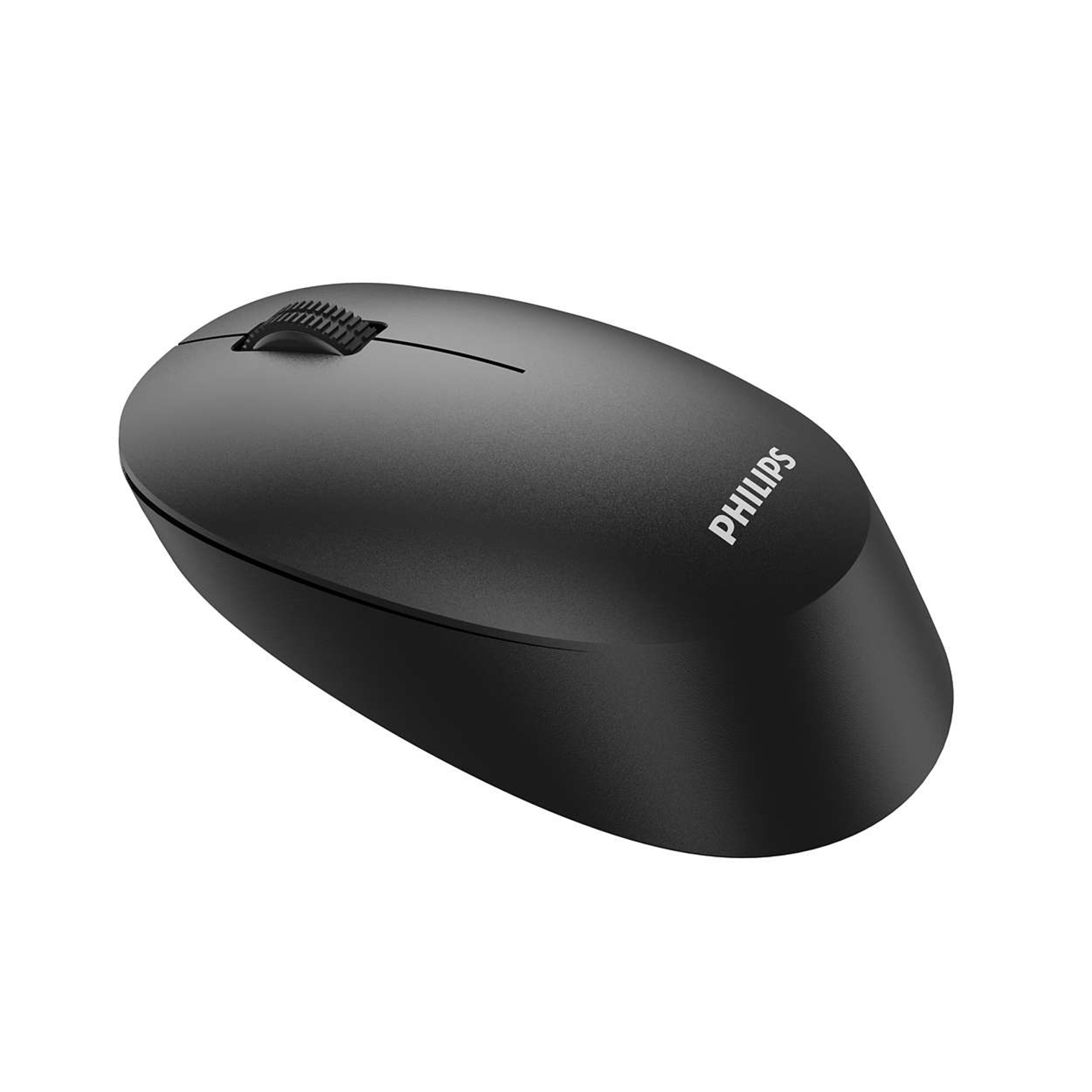 Un ratón de ordenador Philips negro con rueda de desplazamiento, visto desde arriba.