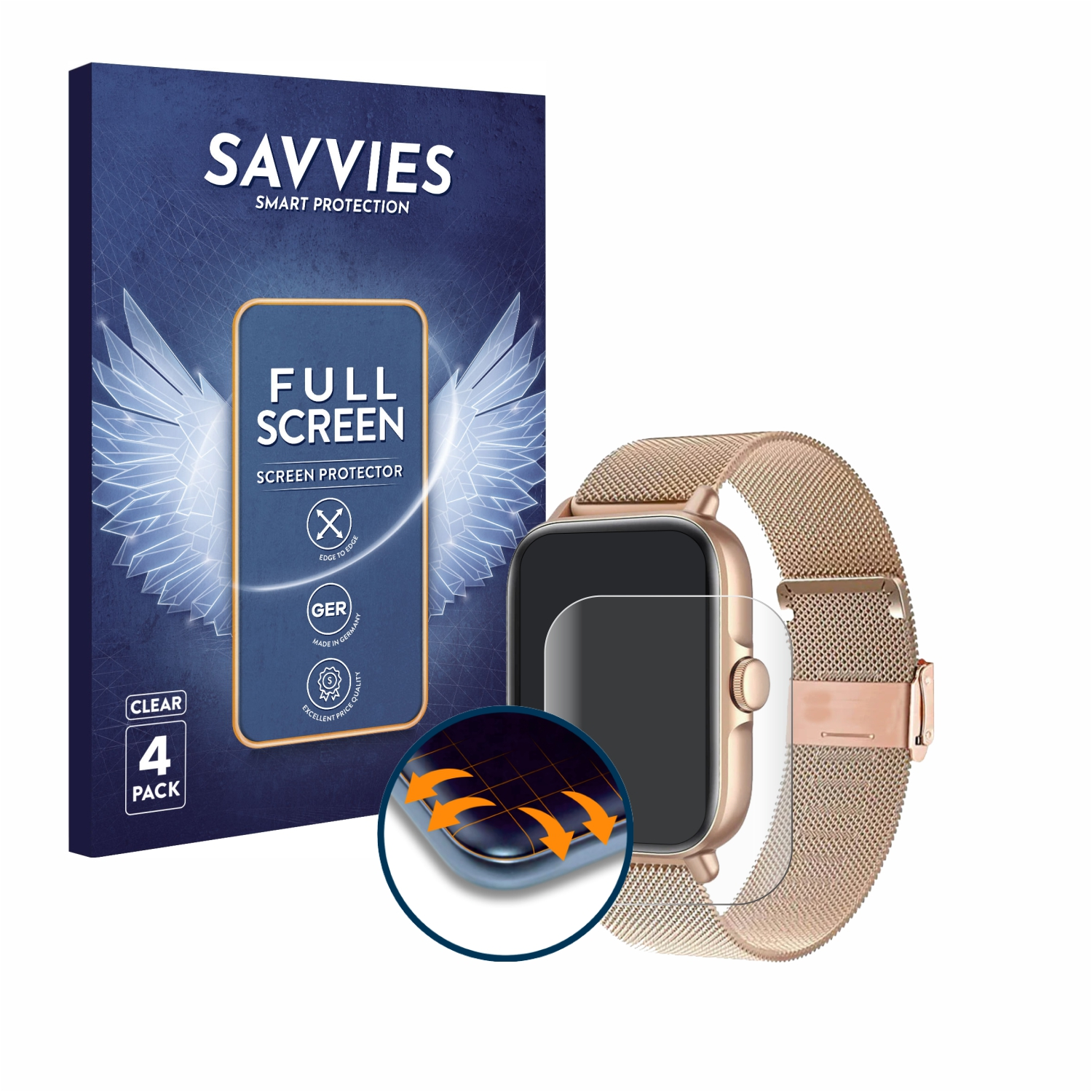 Eine goldene Smartwatch mit Mesh-Armband, Displayschutz und Box.