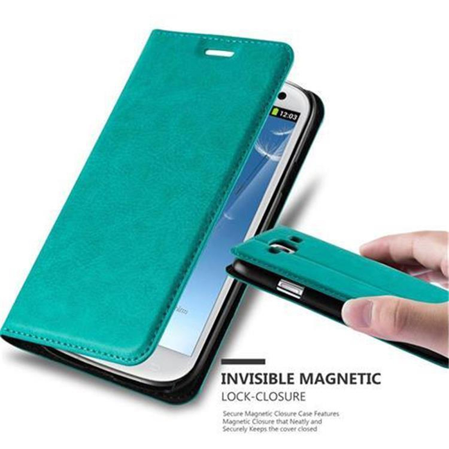 Funda de teléfono turquesa con teléfono dentro. Funda tipo libro con cierre magnético.
