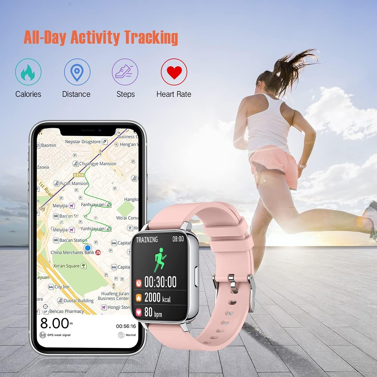 MIRUX FAW12P Watch Fitness Tracker 240mm, Telefonfunktion Smartwatch 240mm, Pink