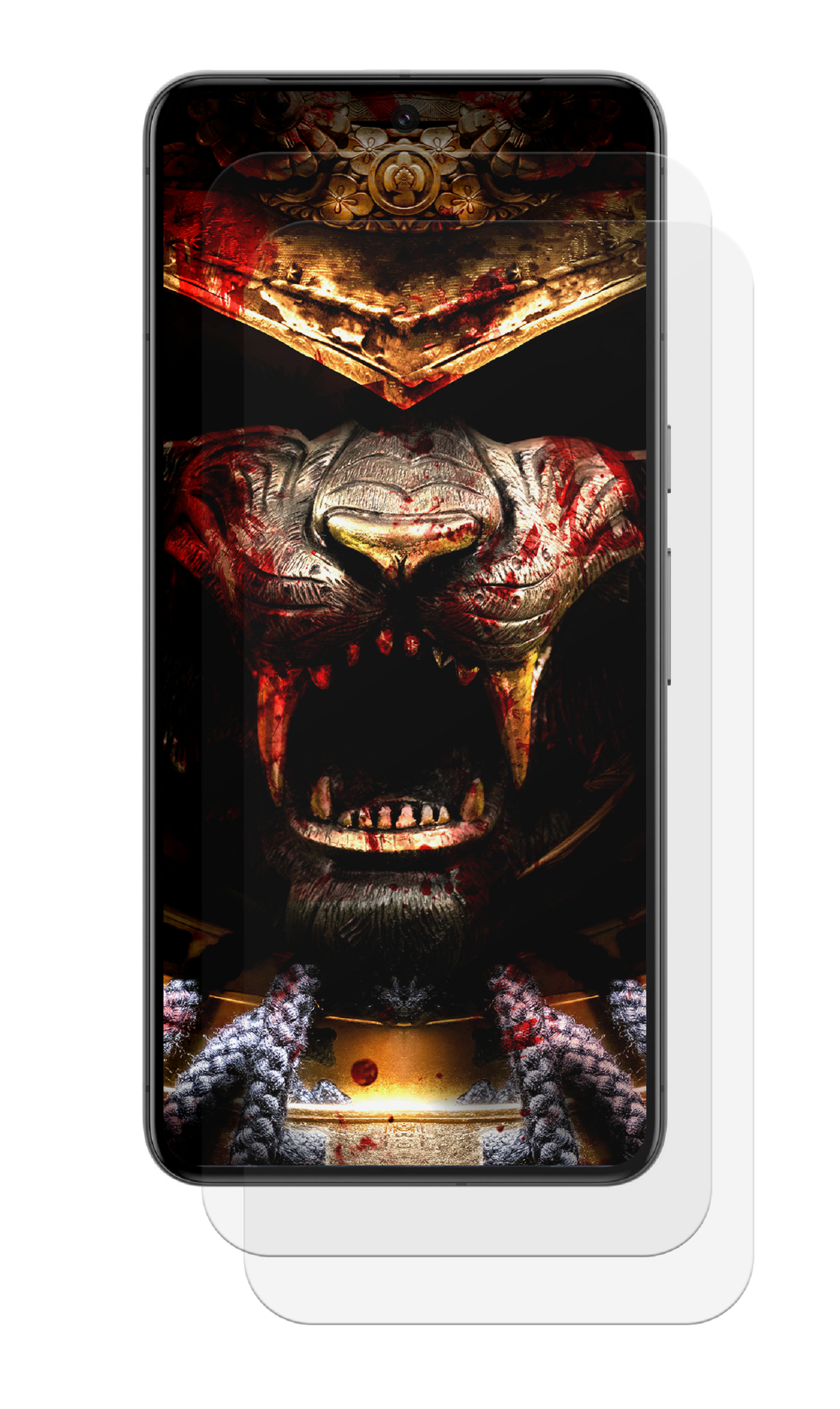 Telefon mit Displayschutz, der einen blutigen Tiger zeigt. Rote Blutdetails, schwarzer Hintergrund, weißer Schatten.