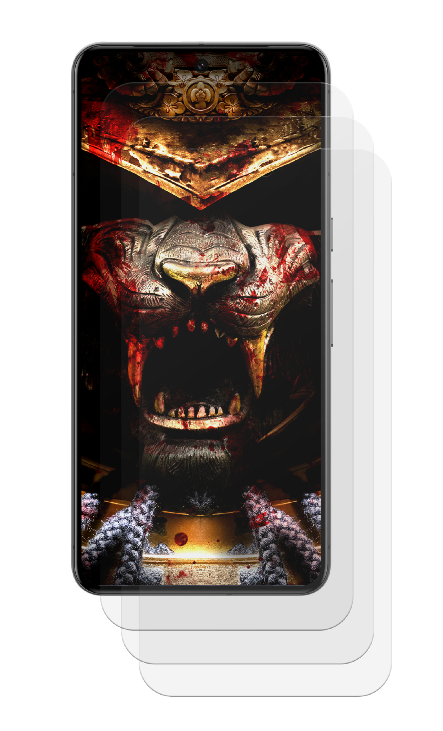 Ein Smartphone-Displayschutz mit einem Monsterbild mit Blut und weißem Hintergrund.