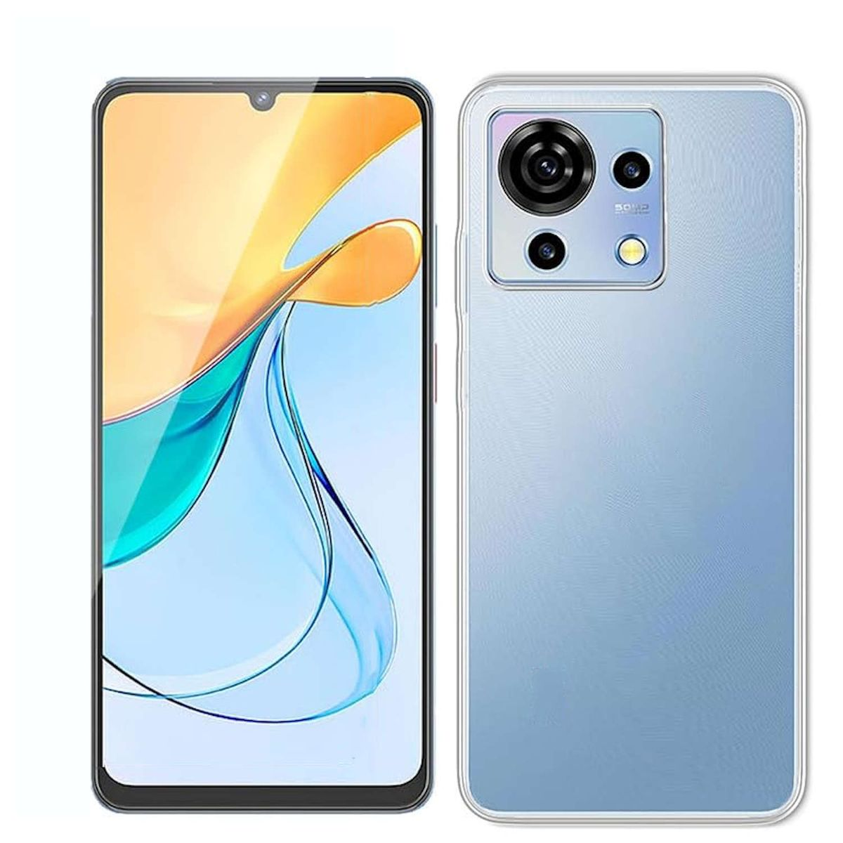 Ein Smartphone, Vorder- und Rückansicht. Die Rückseite hat Kameras und eine Glasrückseite. Die Vorderseite ist der Bildschirm.