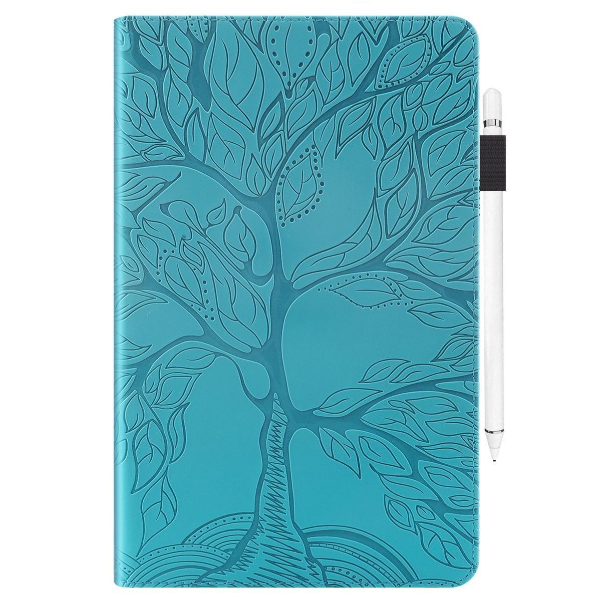Eine türkisfarbene Tablet-Hülle mit geprägtem Baumdesign und einem Stift. Weißer Hintergrund.