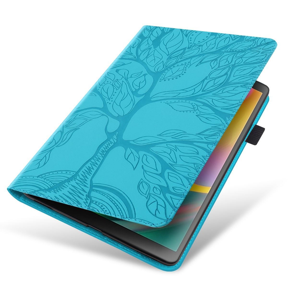 Tablet in blauem Cover mit Baumdesign. Cover offen, Bildschirm sichtbar.