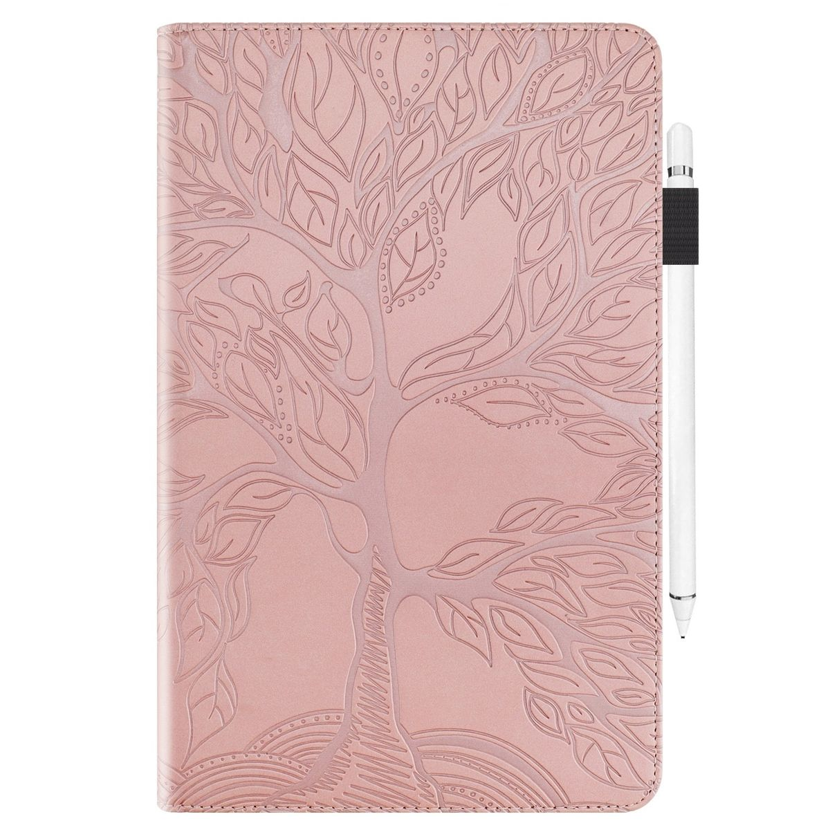 Funda de tableta de cuero rosa con diseño de árbol en relieve, junto a un lápiz óptico blanco.