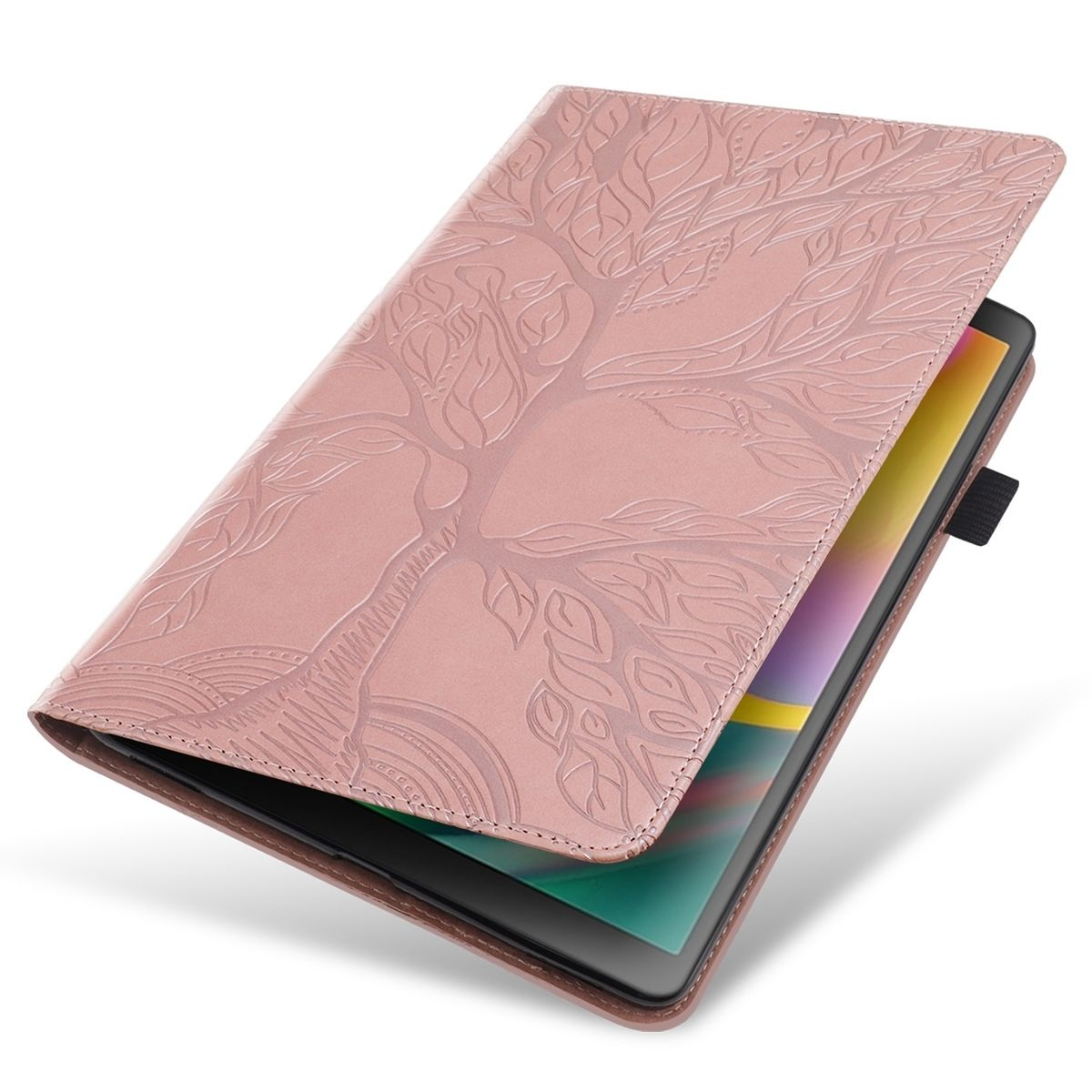 Funda rosa para tableta con diseño de árbol en relieve. La tableta es visible, con un borde negro.