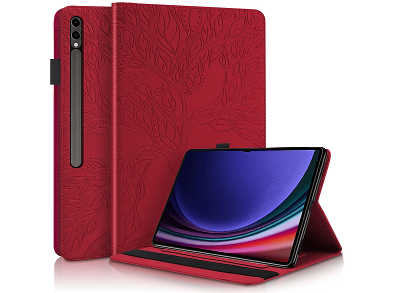 WIGENTO Aufstellbare Kunst-Leder Tasche Baum Motiv, Bookcover, Samsung, Galaxy Tab S9 Ultra / S8 Ultra, Rot