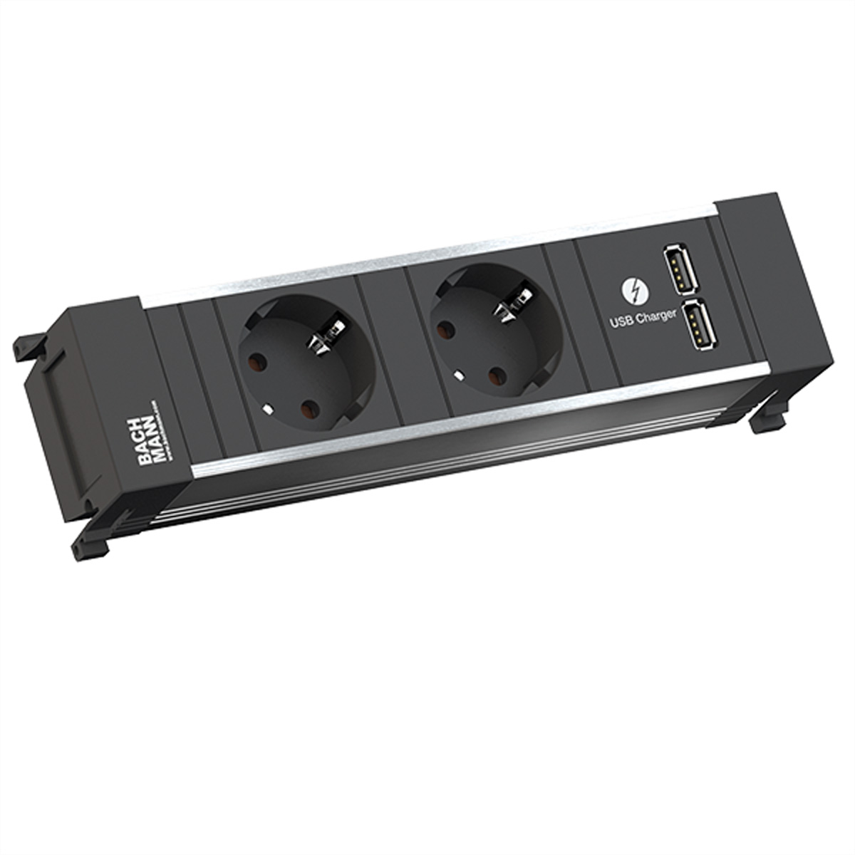 Czarny przedłużacz z dwoma gniazdami i dwoma portami USB. Widoczne logo Bachmann.