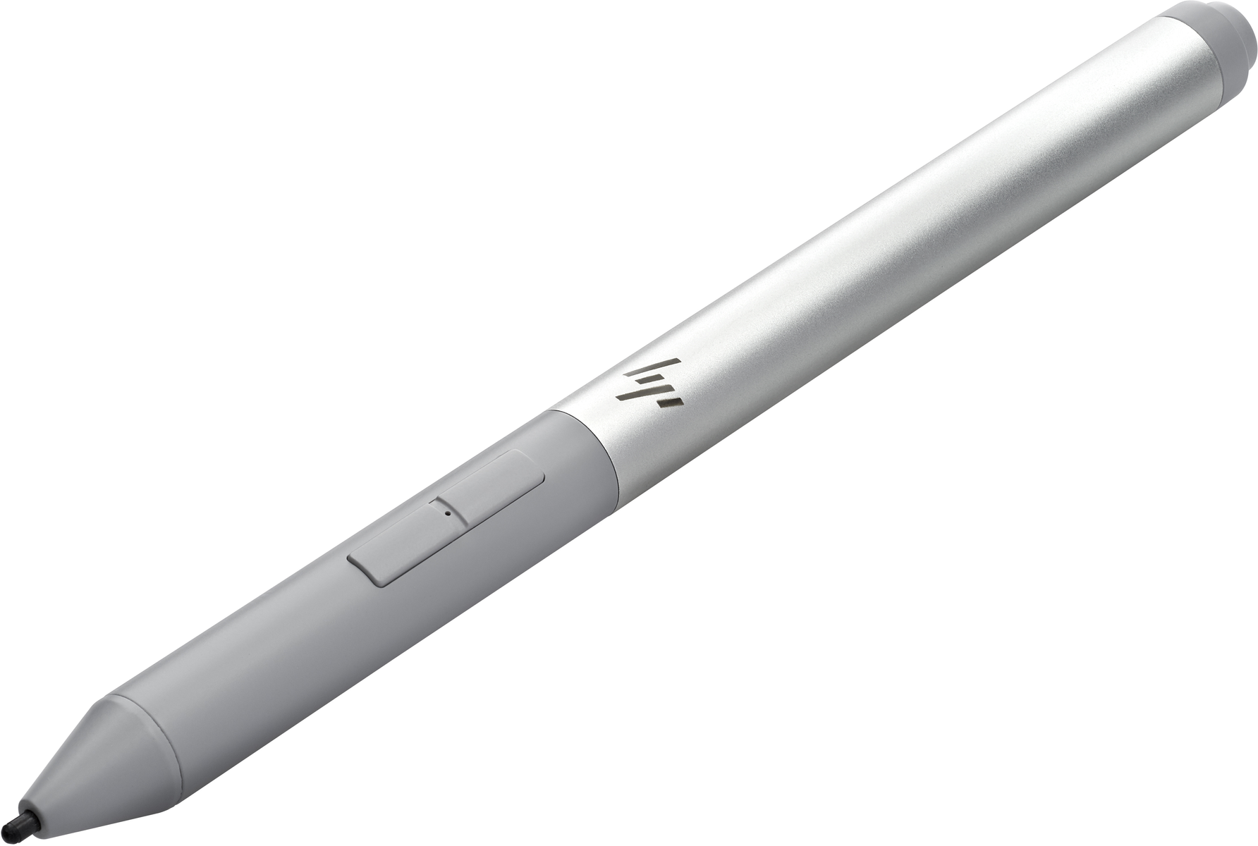 Un lápiz óptico HP plateado y gris. Tiene un botón y una punta negra.