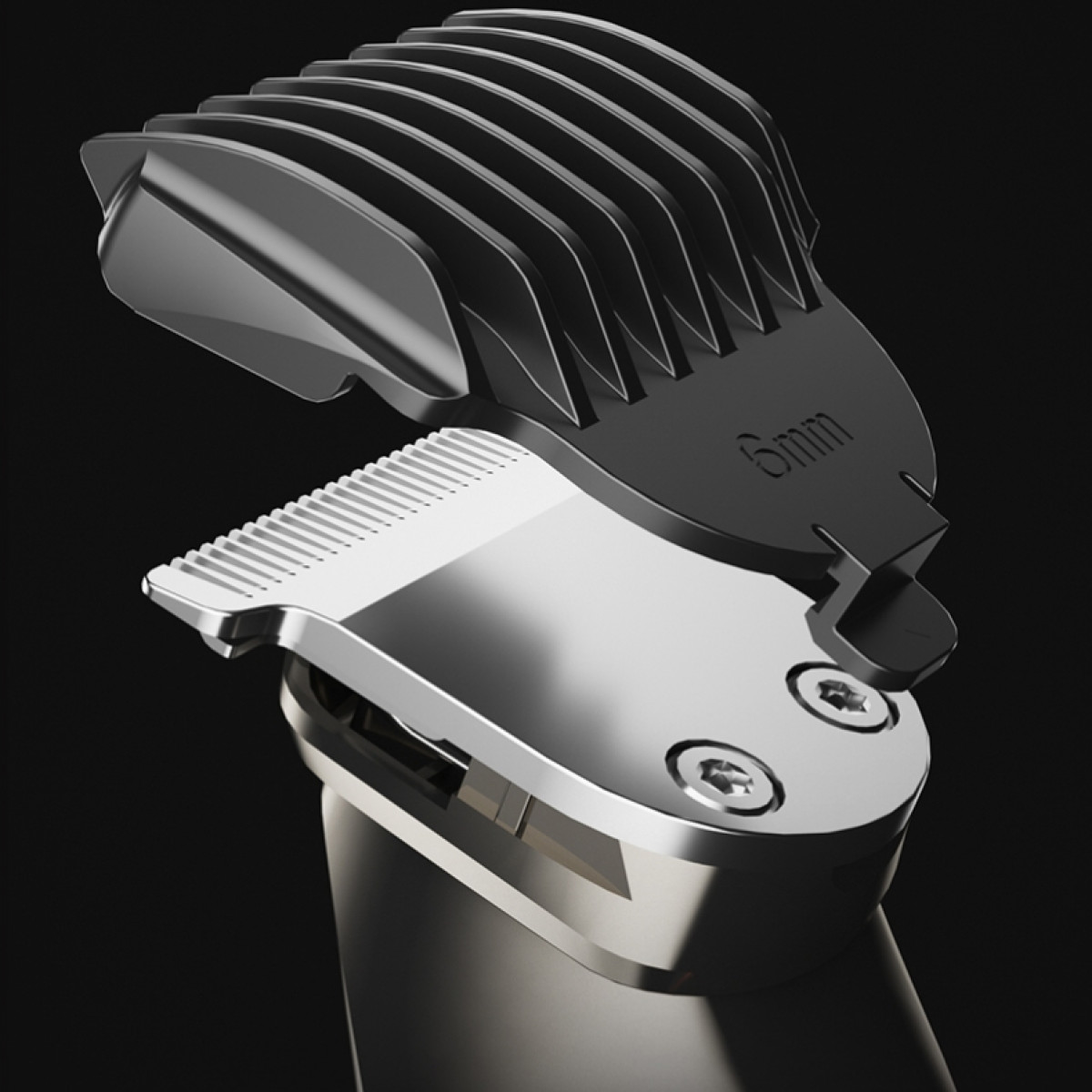 Zbliżenie czarnej głowicy maszynki do włosów, pokazujące ostrza i nasadkę 6 mm, na ciemnym tle.