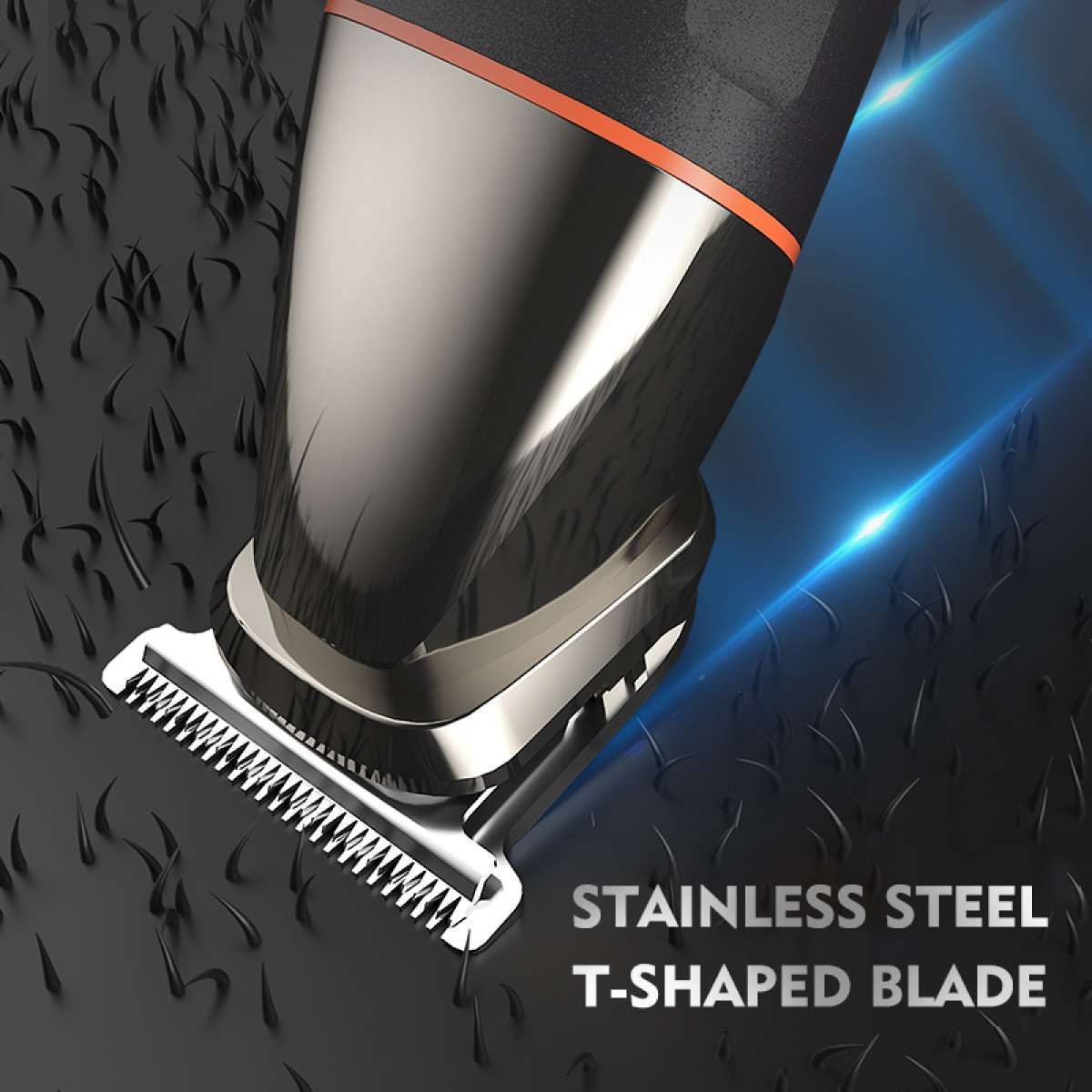 Zbliżenie na ostrze w kształcie litery T ze stali nierdzewnej. Ostrze ma błyszczące srebrne wykończenie, otoczone włosami.