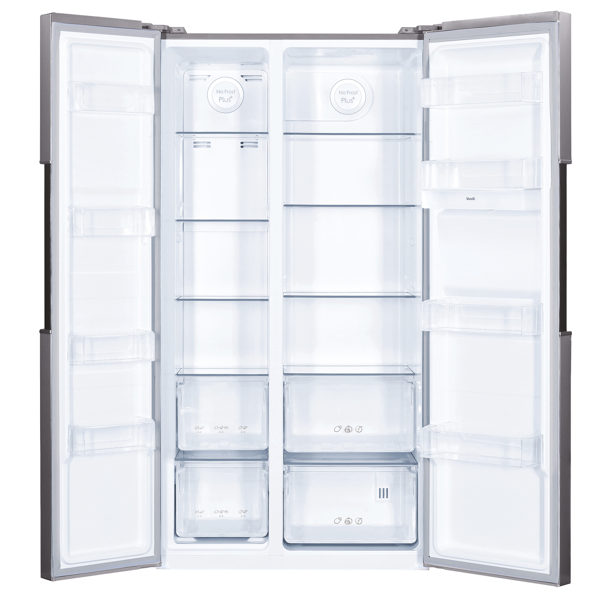 Refrigerador abierto con estantes y cajones vacíos. El interior es blanco y limpio, sin alimentos.
